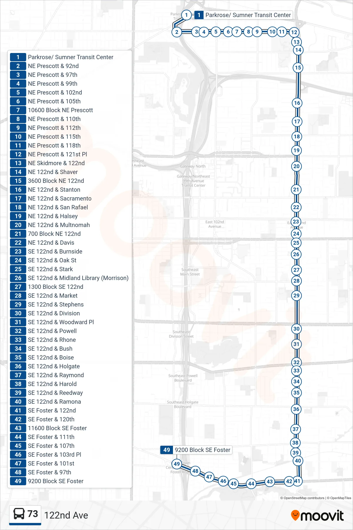 73 bus Line (9200 Block SE Foster) route and stops on a map