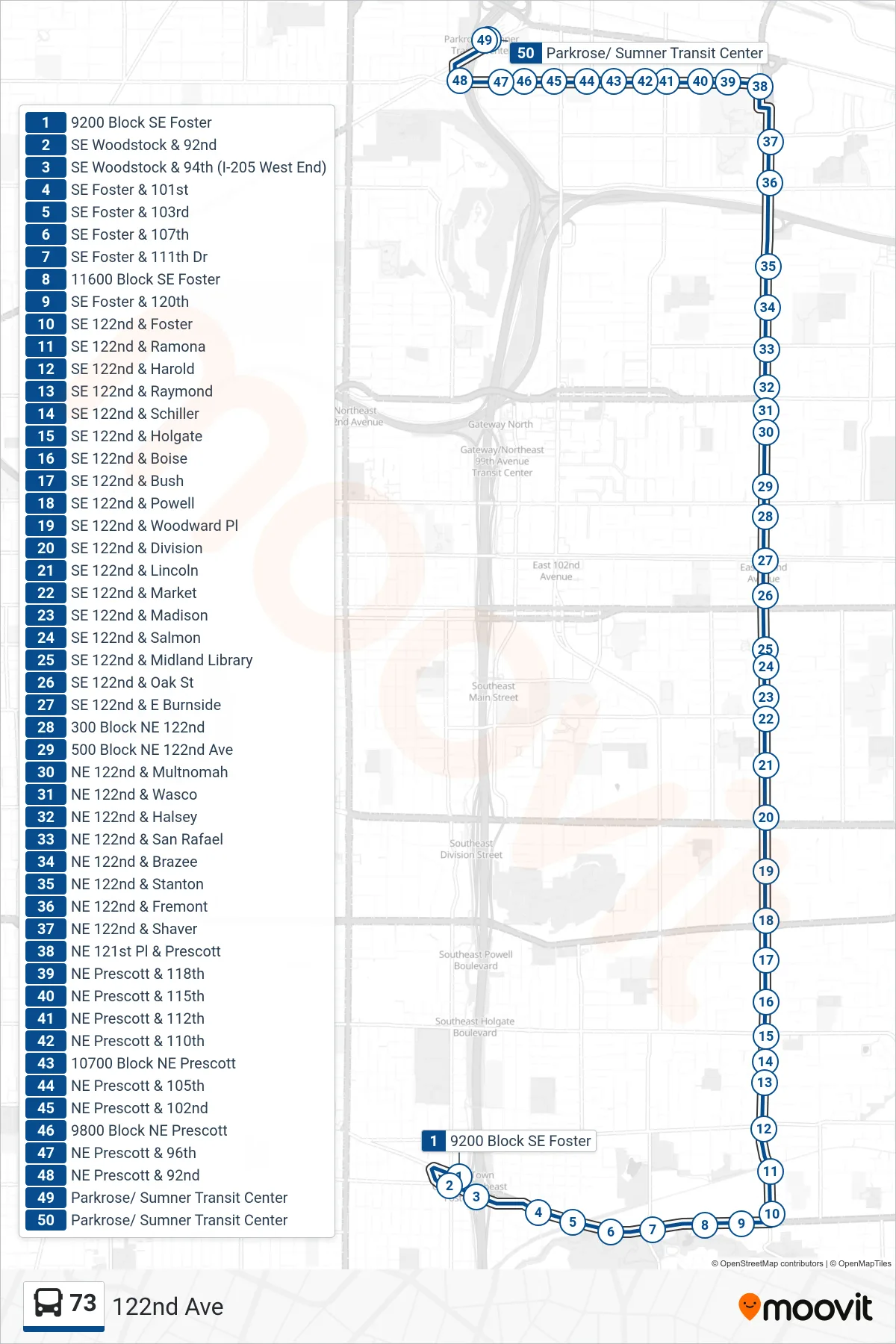 73 bus Line (Parkrose/ Sumner Transit Center) route and stops on a map