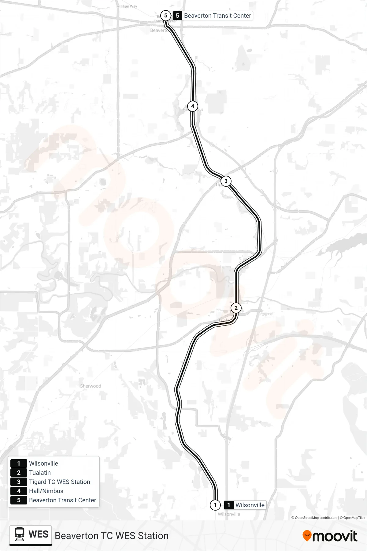 WES rail Line (Beaverton TC WES Station) route and stops on a map
