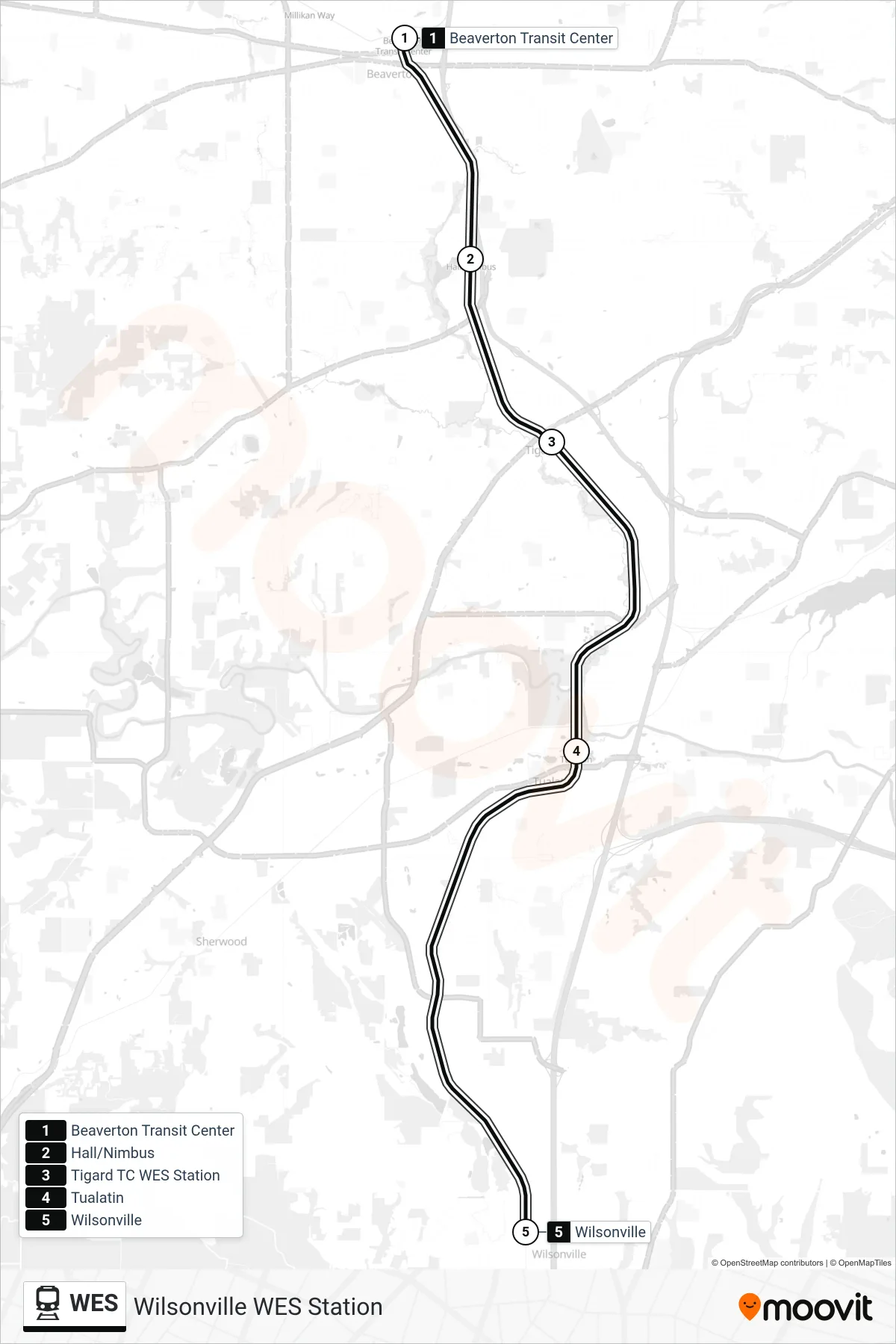 WES rail Line (Wilsonville WES Station) route and stops on a map