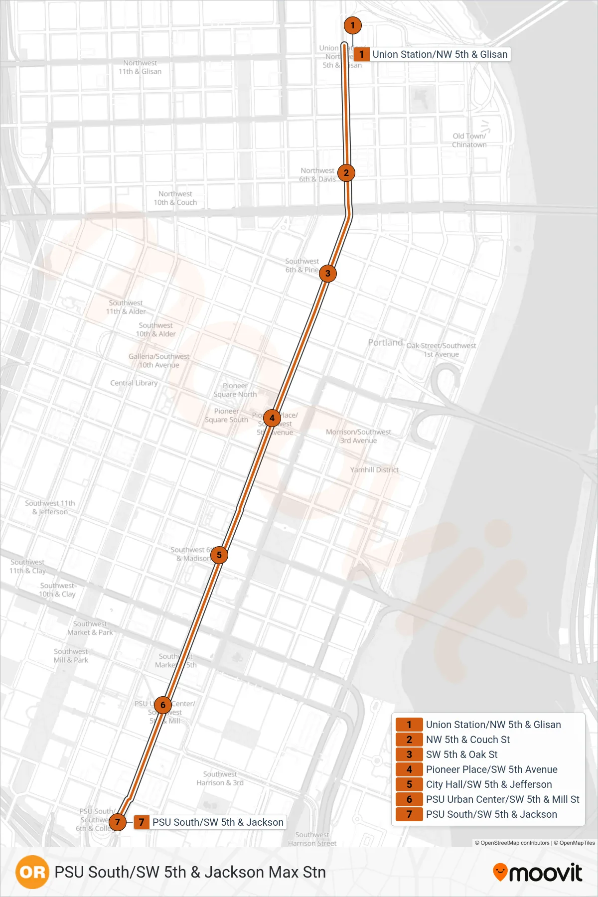 ORANGE tram Line (PSU South/SW 5th & Jackson Max Stn) route and stops on a map