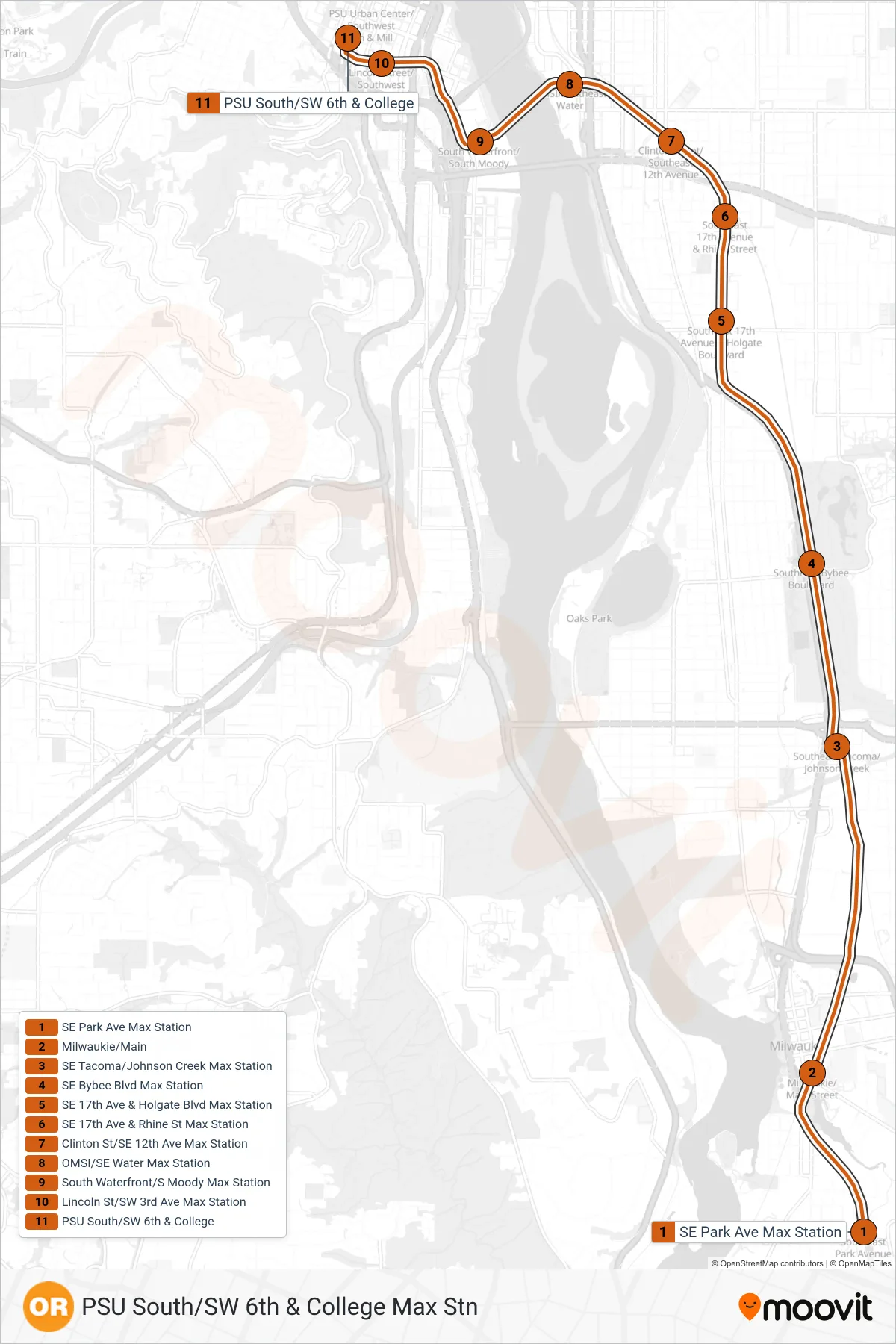 ORANGE tram Line (PSU South/SW 6th & College Max Stn) route and stops on a map