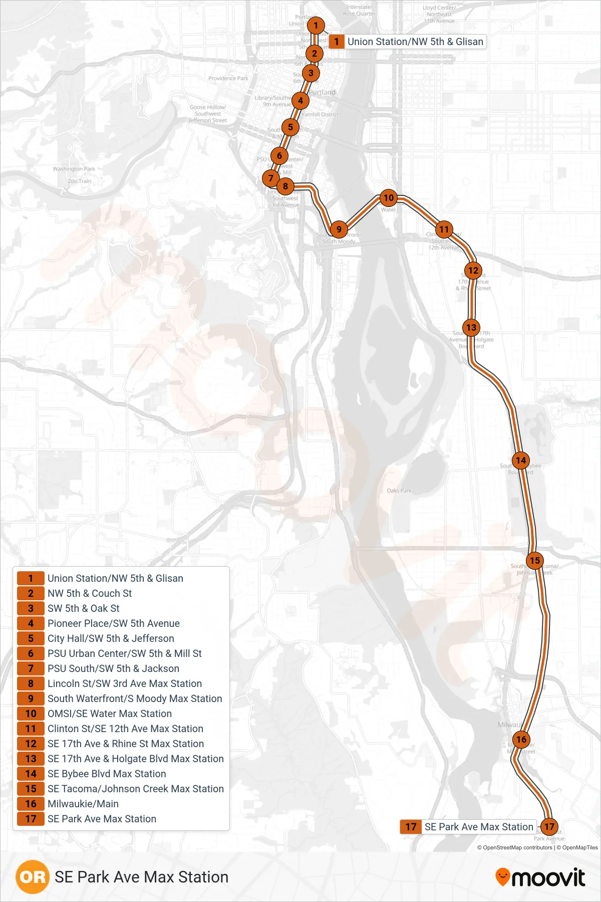 ORANGE tram Line (SE Park Ave Max Station) route and stops on a map