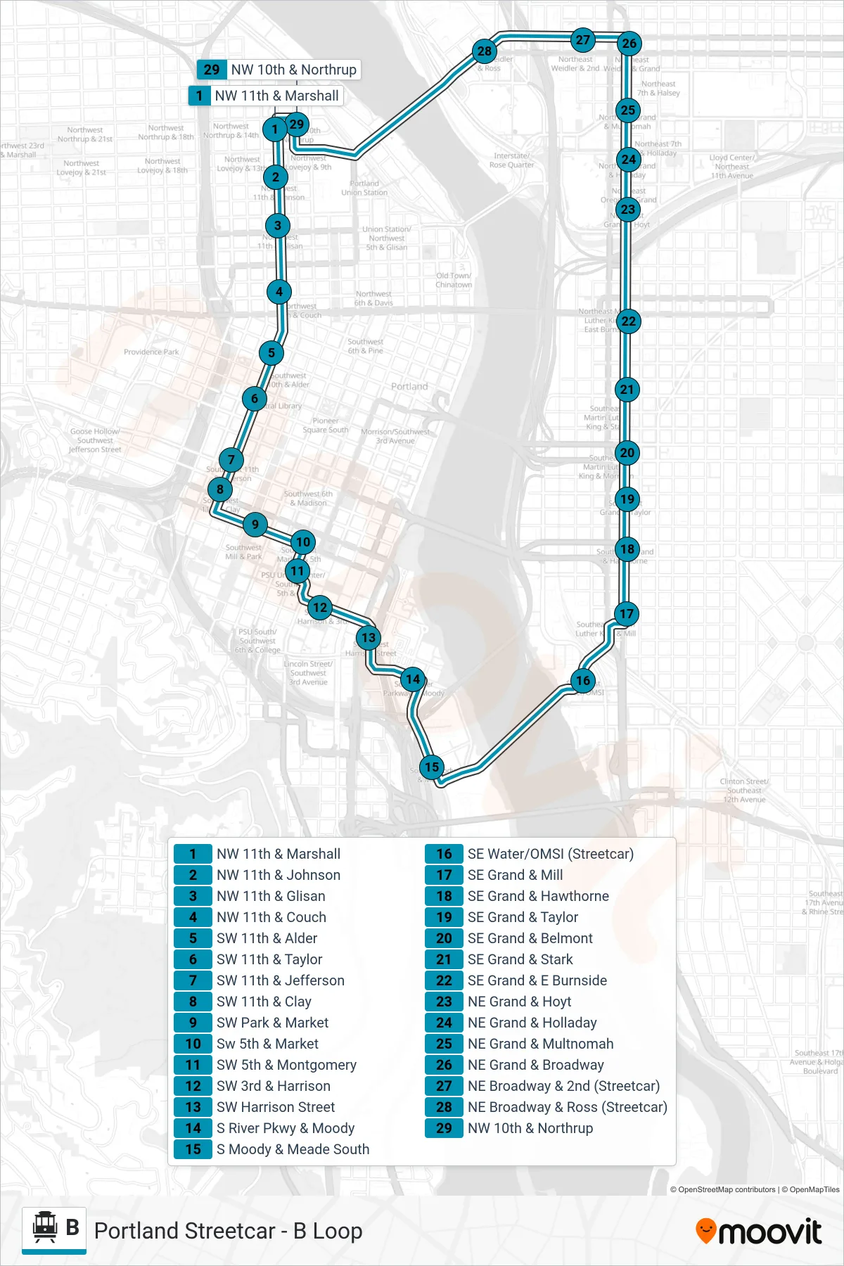 B cable car Line (NW 11th & Marshall) route and stops on a map