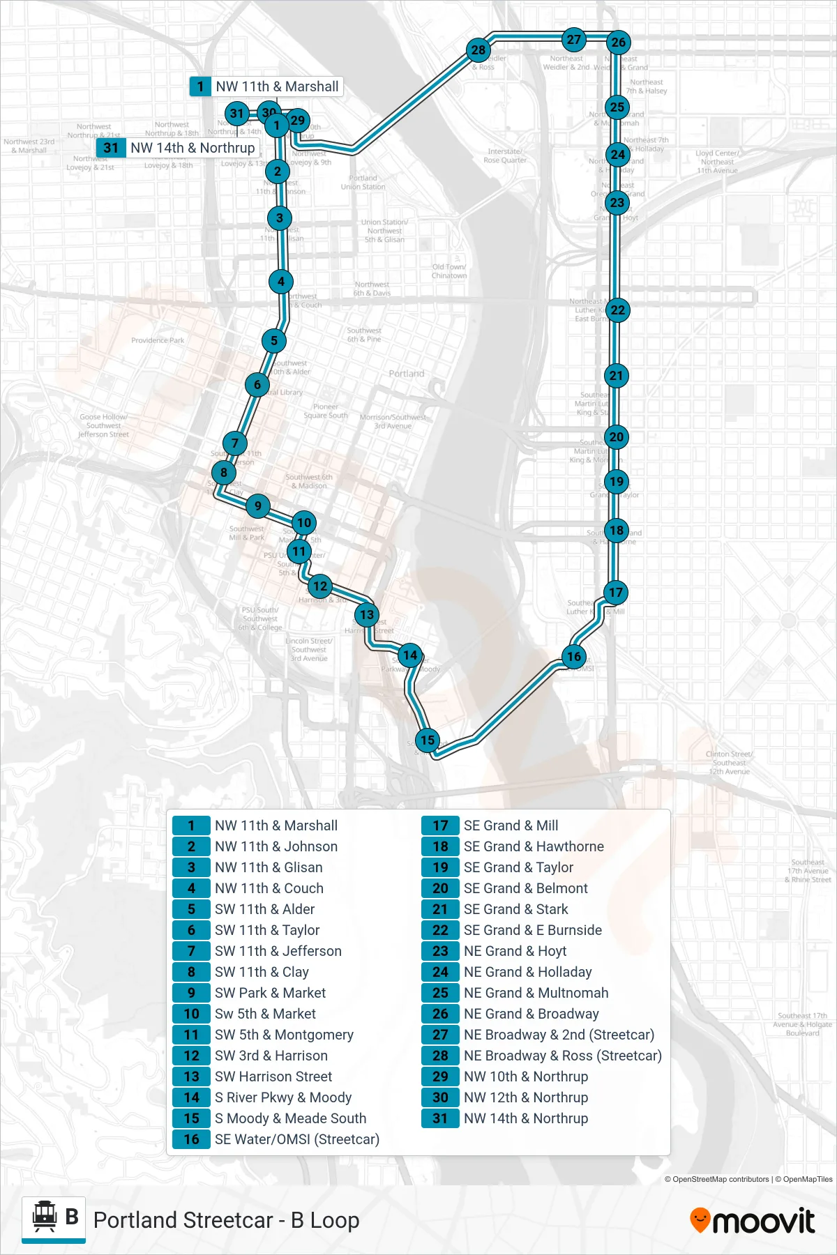 B cable car Line (NW 14th & Northrup) route and stops on a map