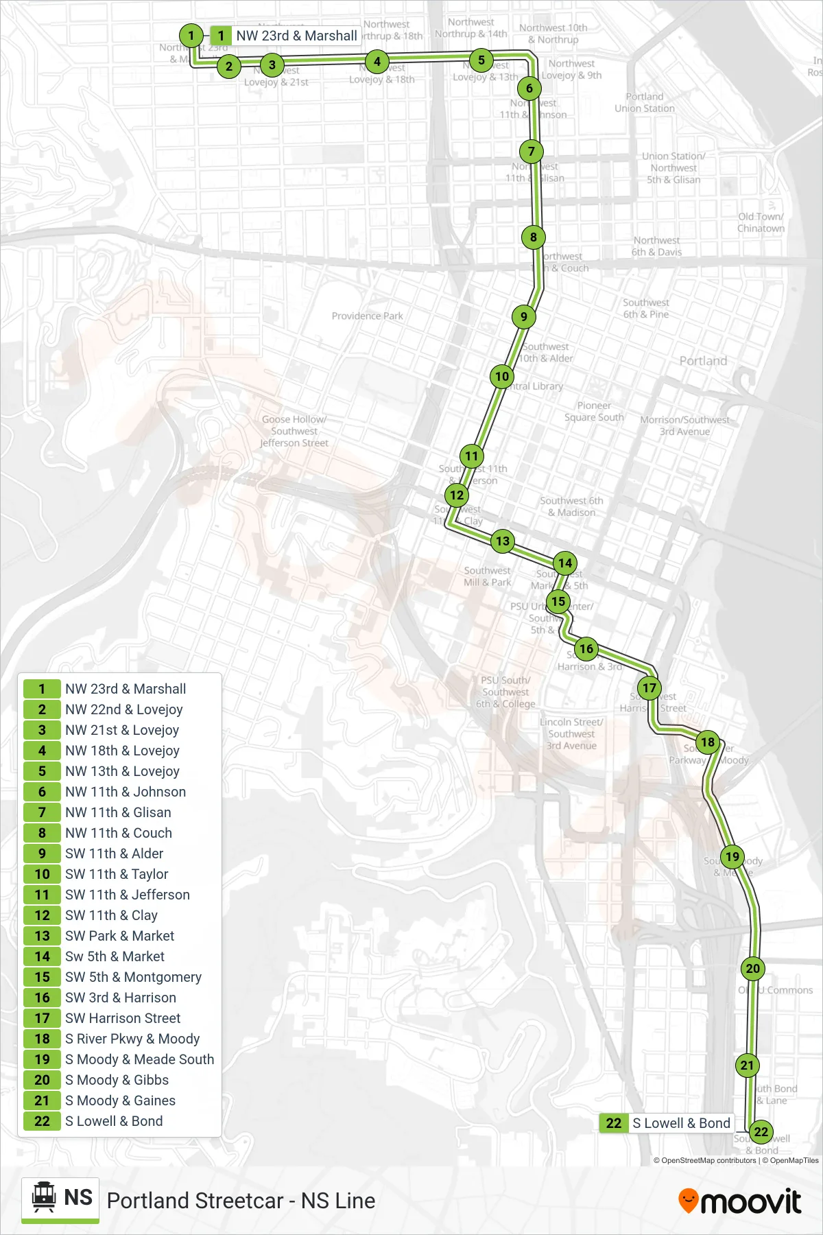 NS cable car Line (S Lowell & Bond) route and stops on a map