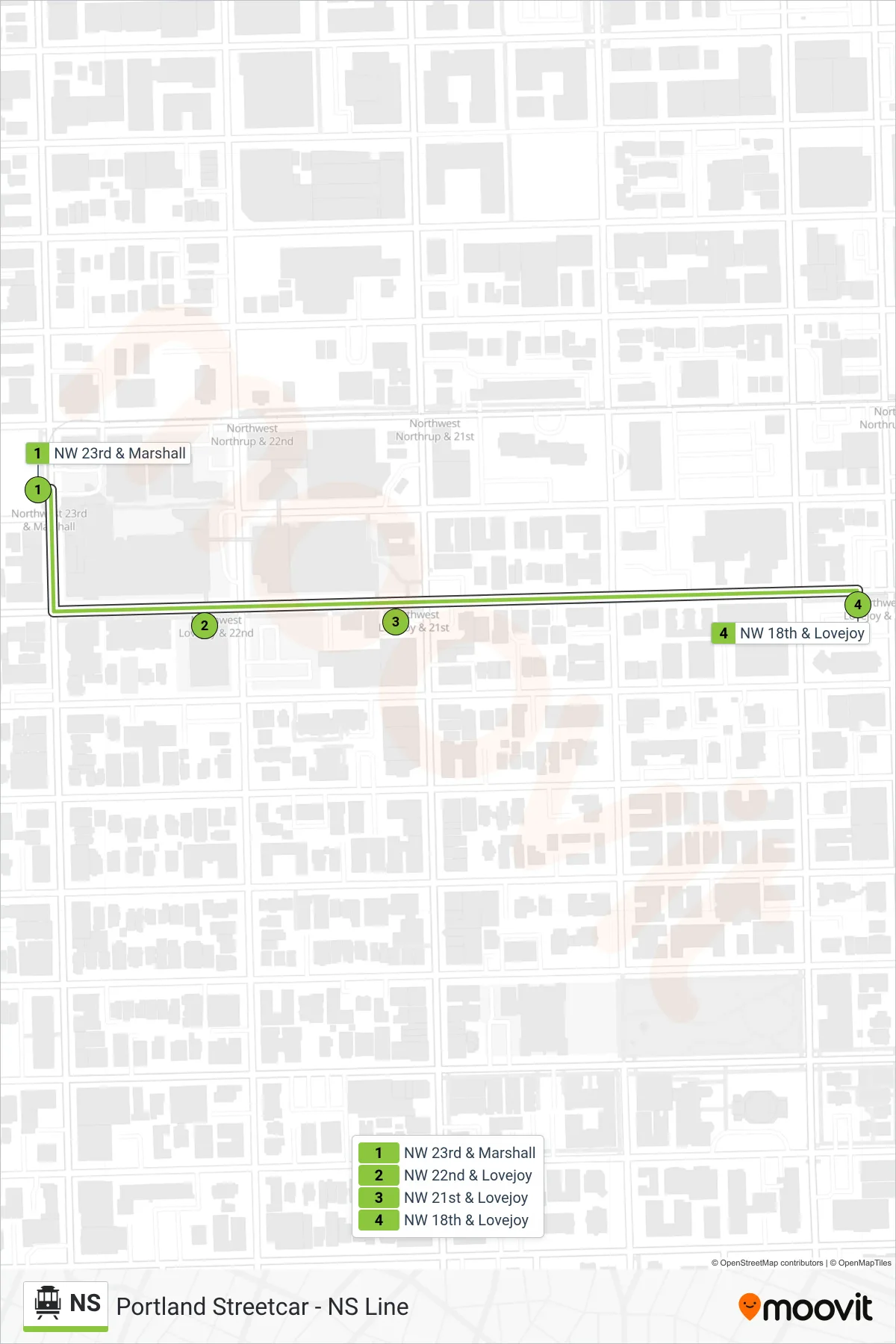 NS cable car Line (NW 18th & Lovejoy) route and stops on a map
