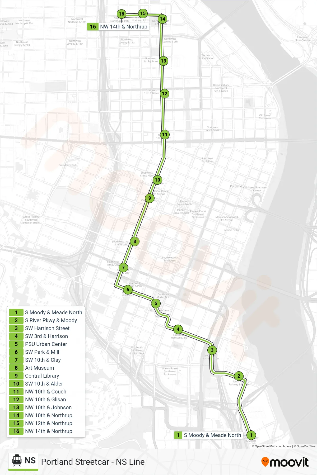 NS cable car Line (NW 14th & Northrup) route and stops on a map
