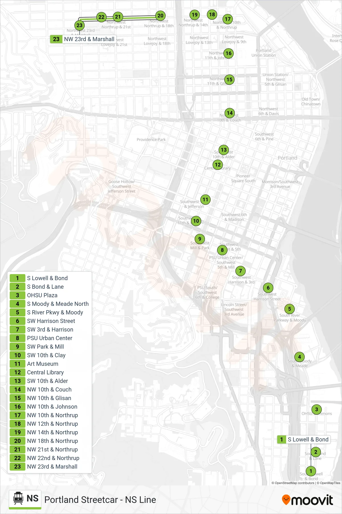 NS cable car Line (NW 23rd & Marshall) route and stops on a map
