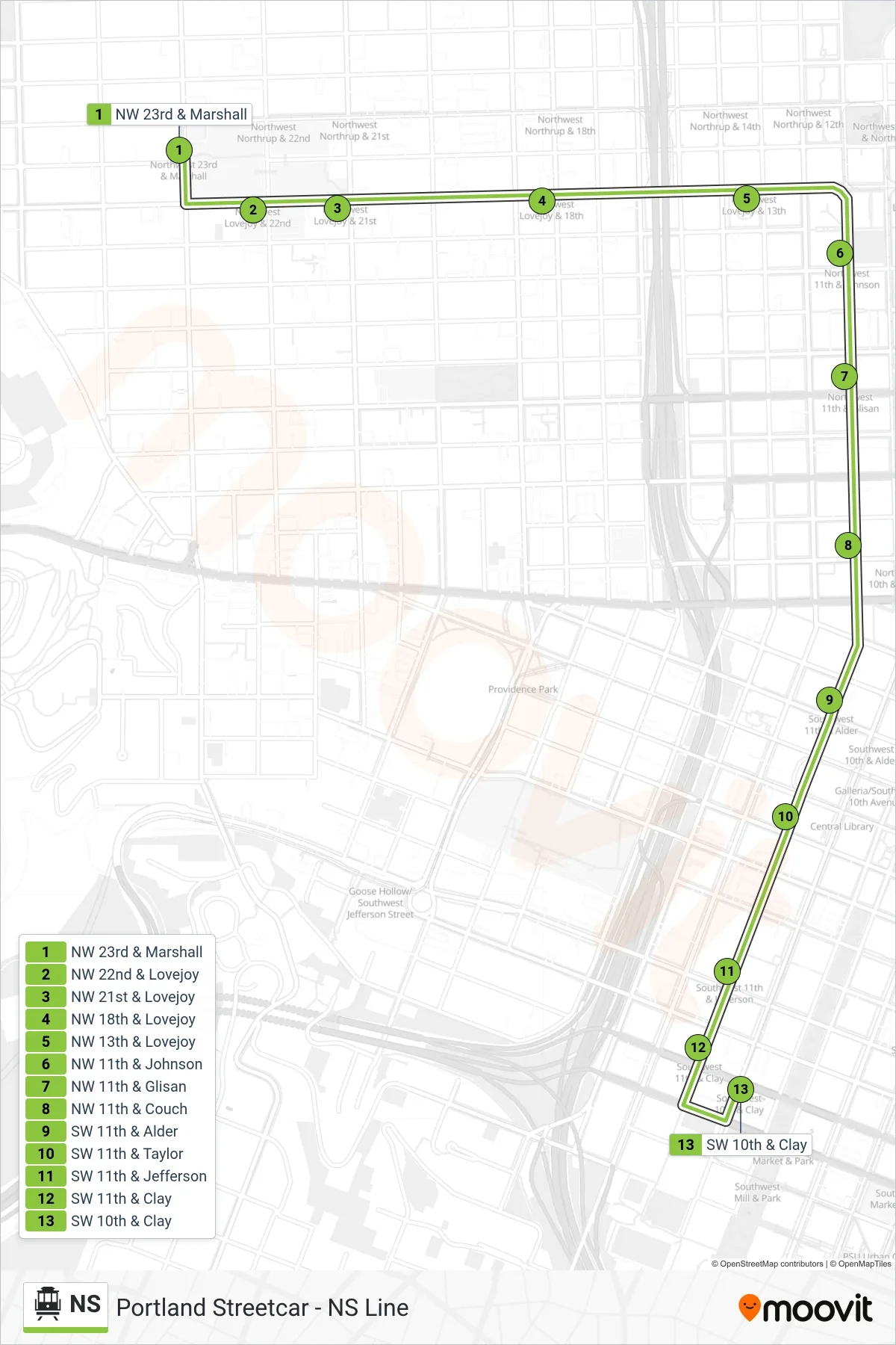 NS Streetcar Line (SW 10th & Clay) route and stops on a map