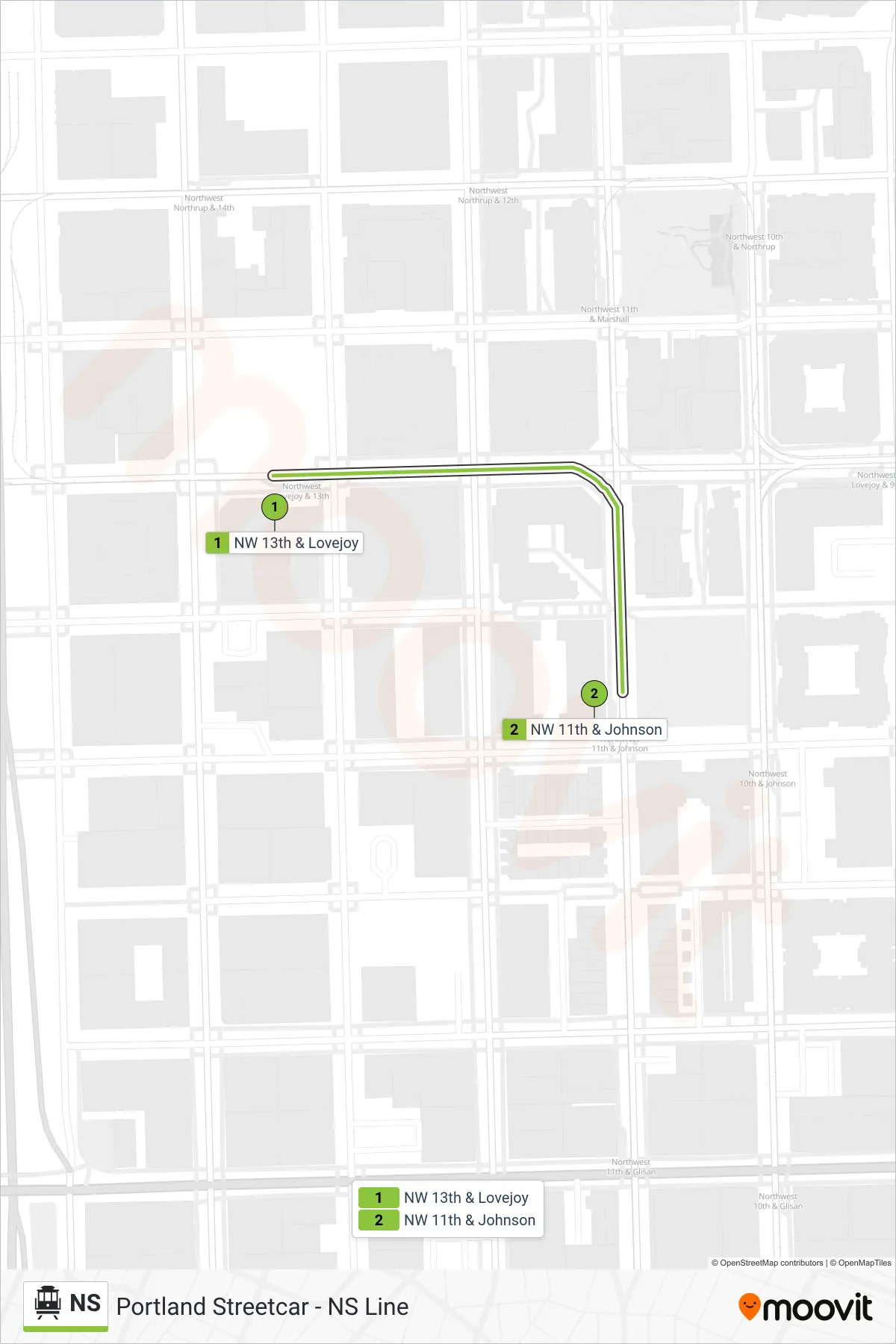 NS Streetcar Line (NW 11th & Johnson) route and stops on a map