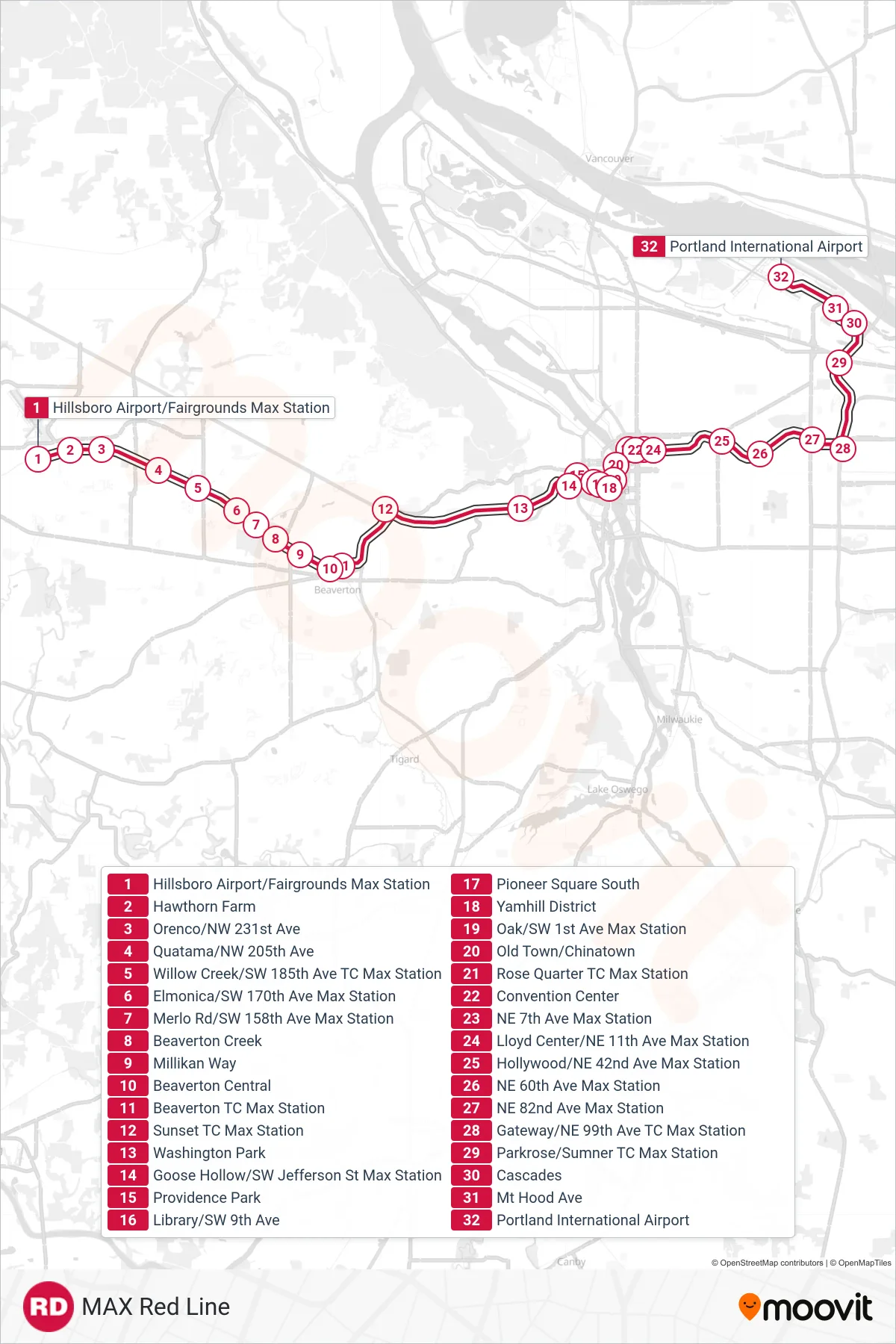 RED light rail Line (Portland Int'L Airport Max Station) route and stops on a map