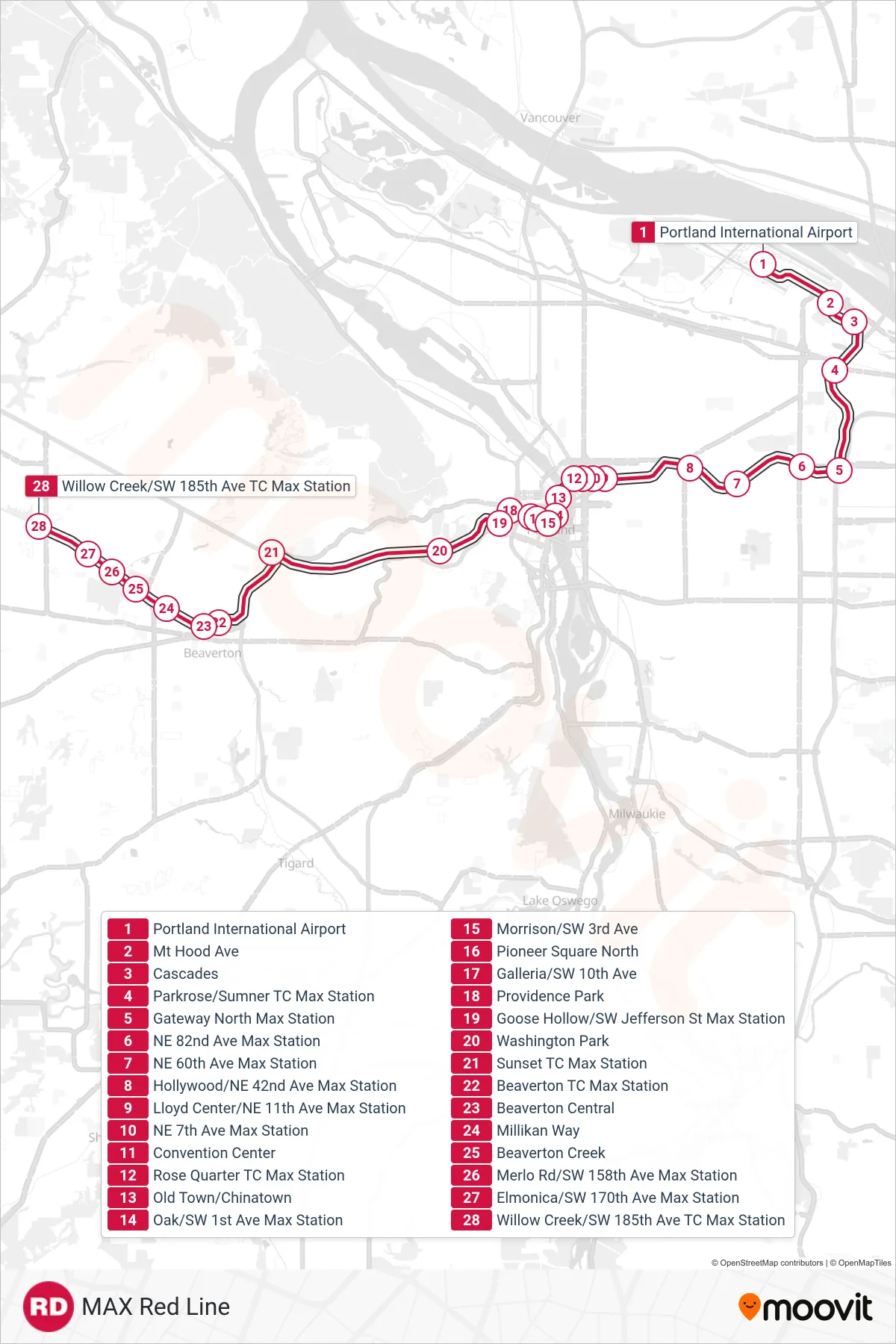 RED tram Line (Willow Creek/SW 185th Ave TC Max Station) route and stops on a map