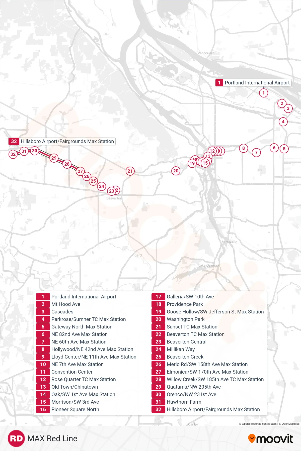 RED tram Line (Hillsboro Airport/Fairgrounds Max Stn) route and stops on a map