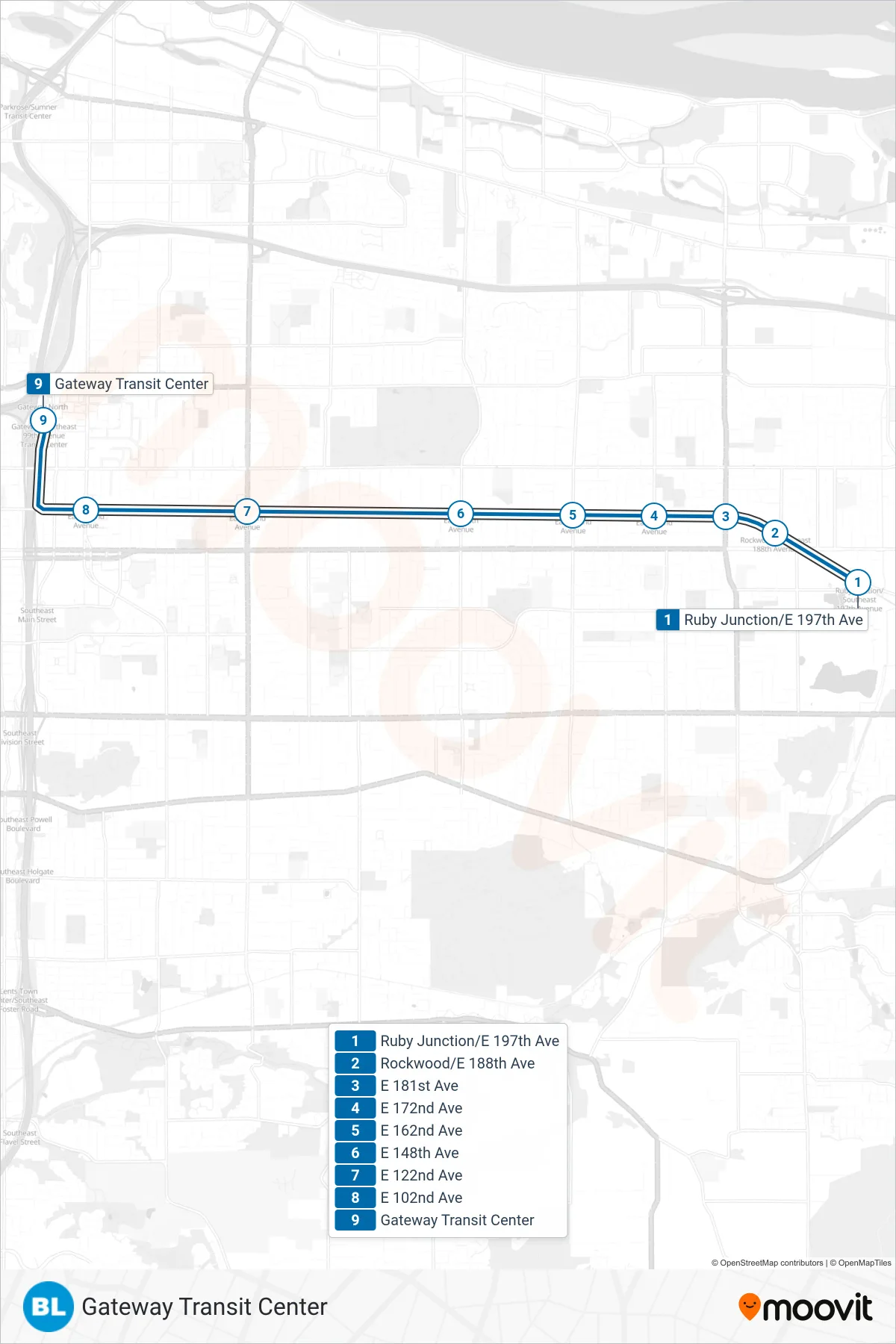 BLUE tram Line (Gateway Transit Center) route and stops on a map