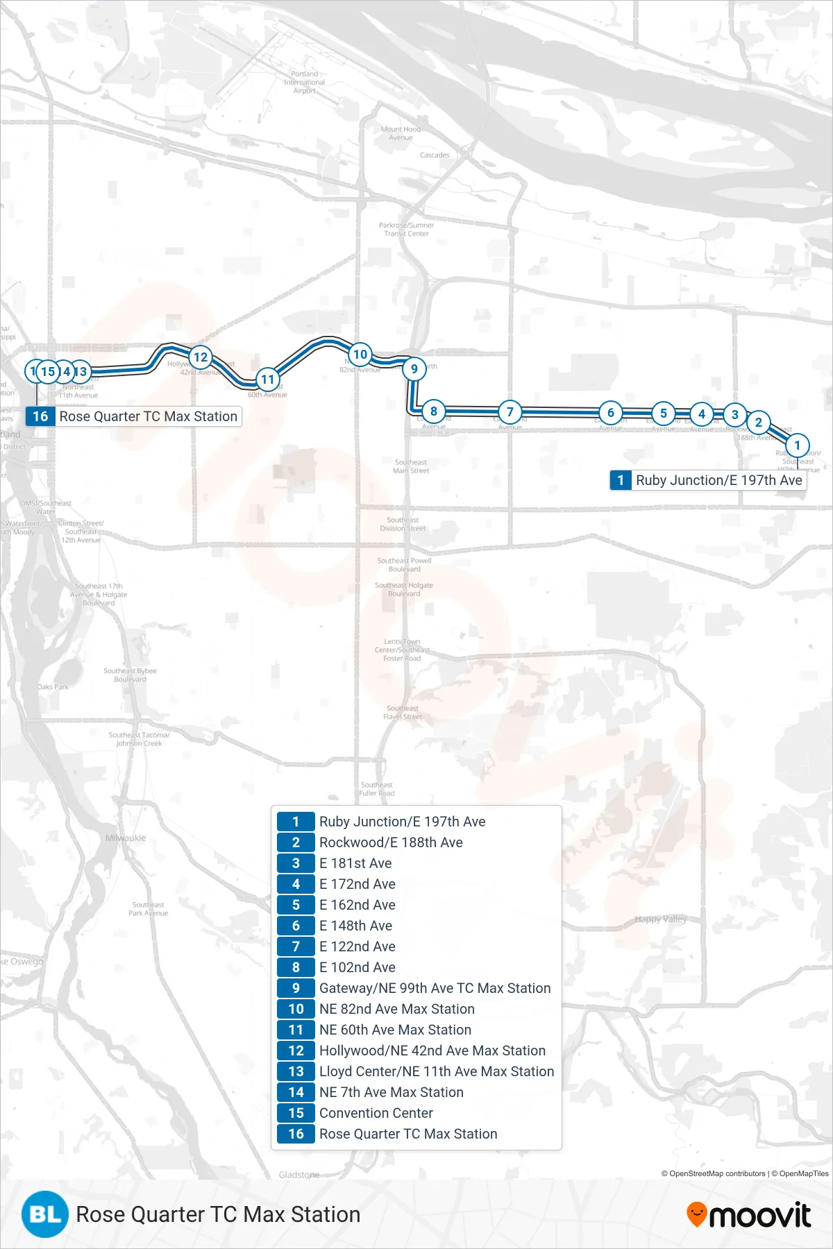 BLUE tram Line (Rose Quarter TC Max Station) route and stops on a map