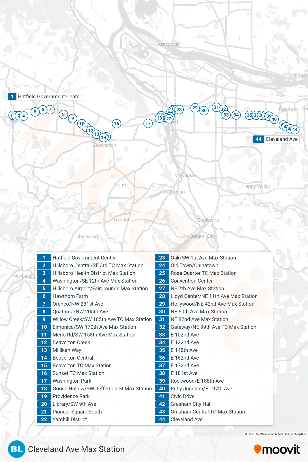 BLUE tram Line (Cleveland Ave Max Station) route and stops on a map
