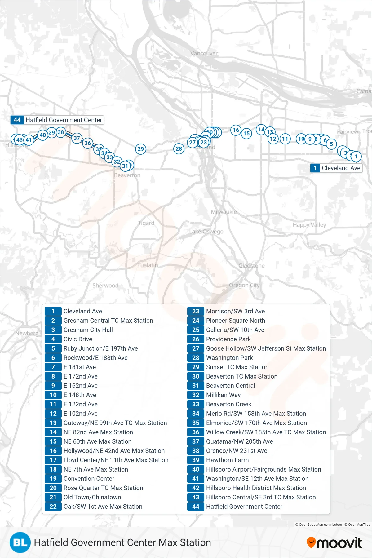 BLUE tram Line (Hatfield Government Center Max Station) route and stops on a map