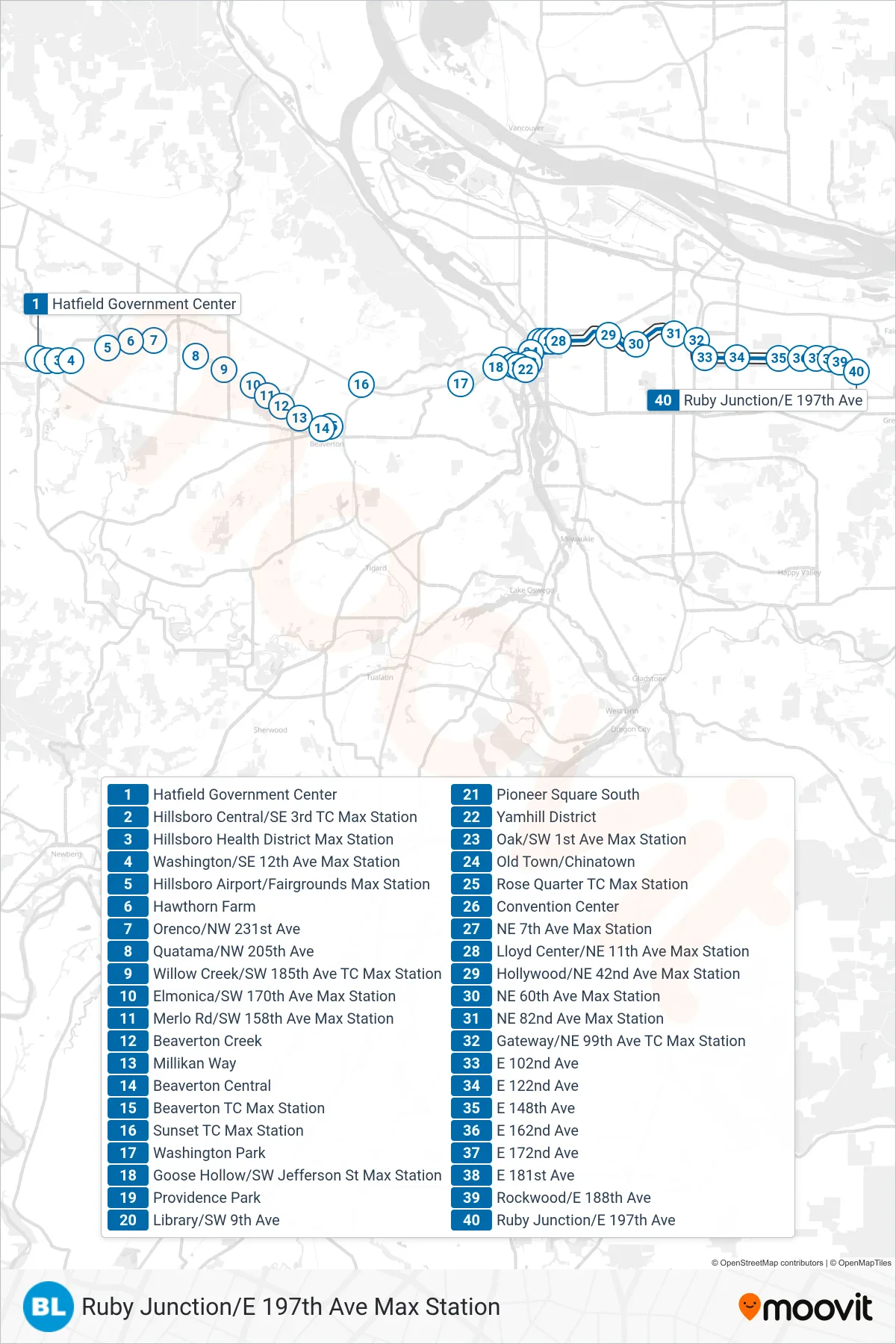 BLUE tram Line (Ruby Junction/E 197th Ave Max Station) route and stops on a map