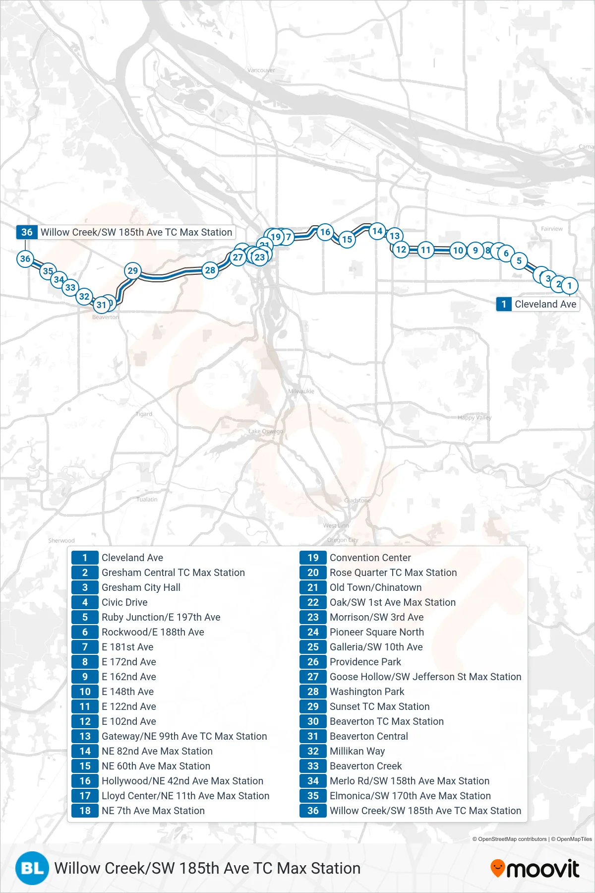BLUE tram Line (Willow Creek/SW 185th Ave TC Max Station) route and stops on a map