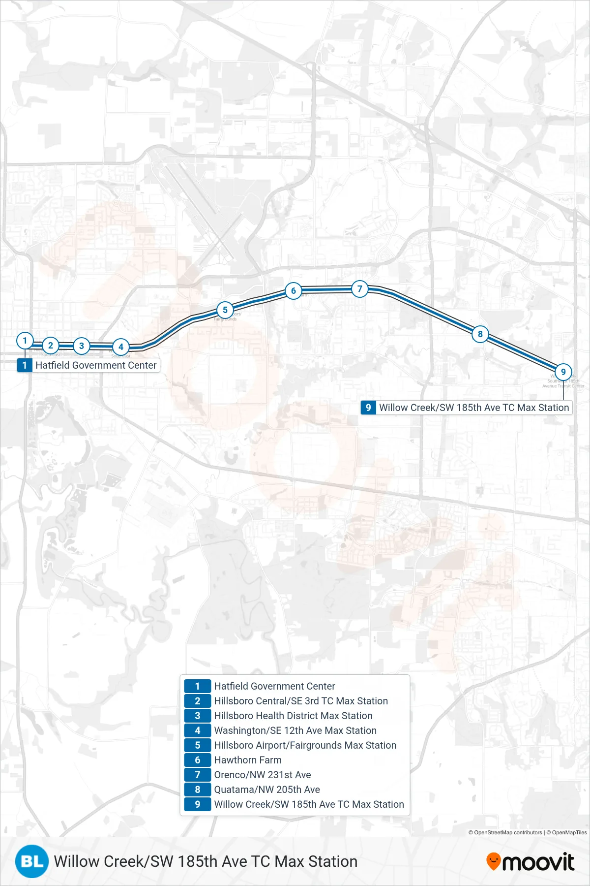 BLUE tram Line (Willow Creek/SW 185th Ave TC Max Station) route and stops on a map