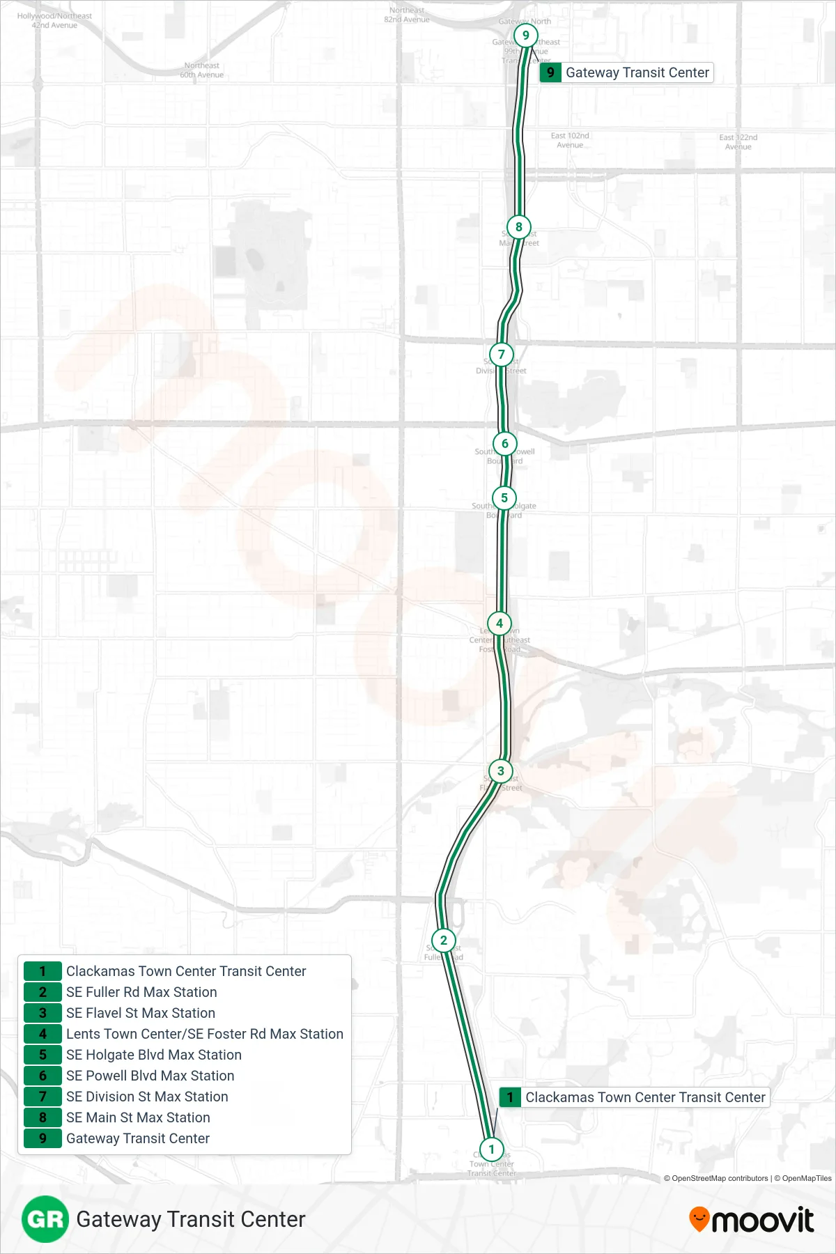 GREEN tram Line (Gateway Transit Center) route and stops on a map