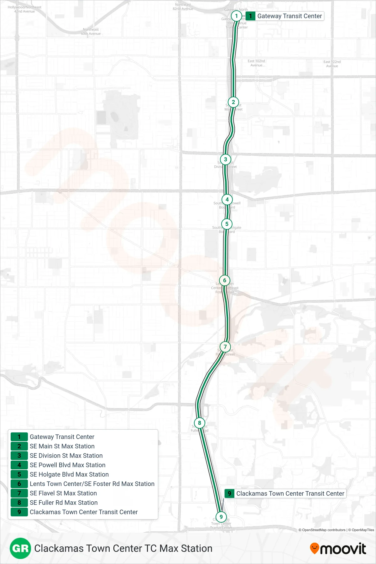 GREEN light rail Line (Clackamas Town Center TC Max Station) route and stops on a map