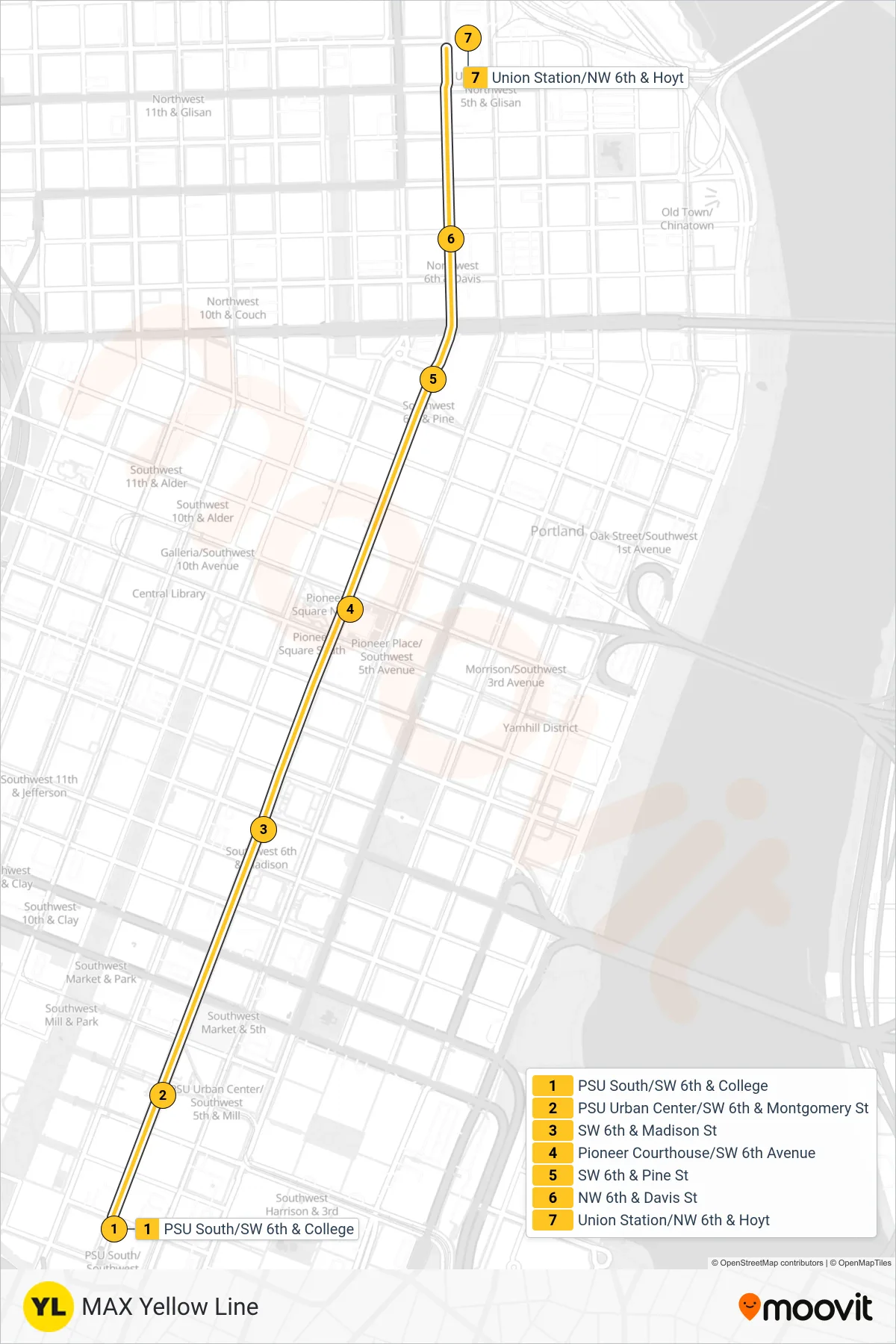 YELLOW tram Line (Union Station/NW 6th & Hoyt Max Stn) route and stops on a map