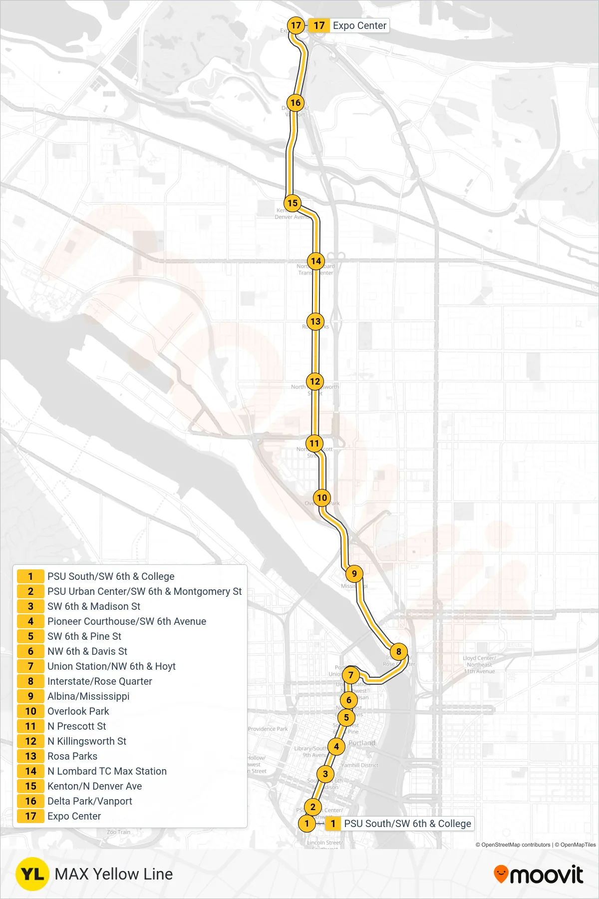 YELLOW light rail Line (Expo Center Max Station) route and stops on a map