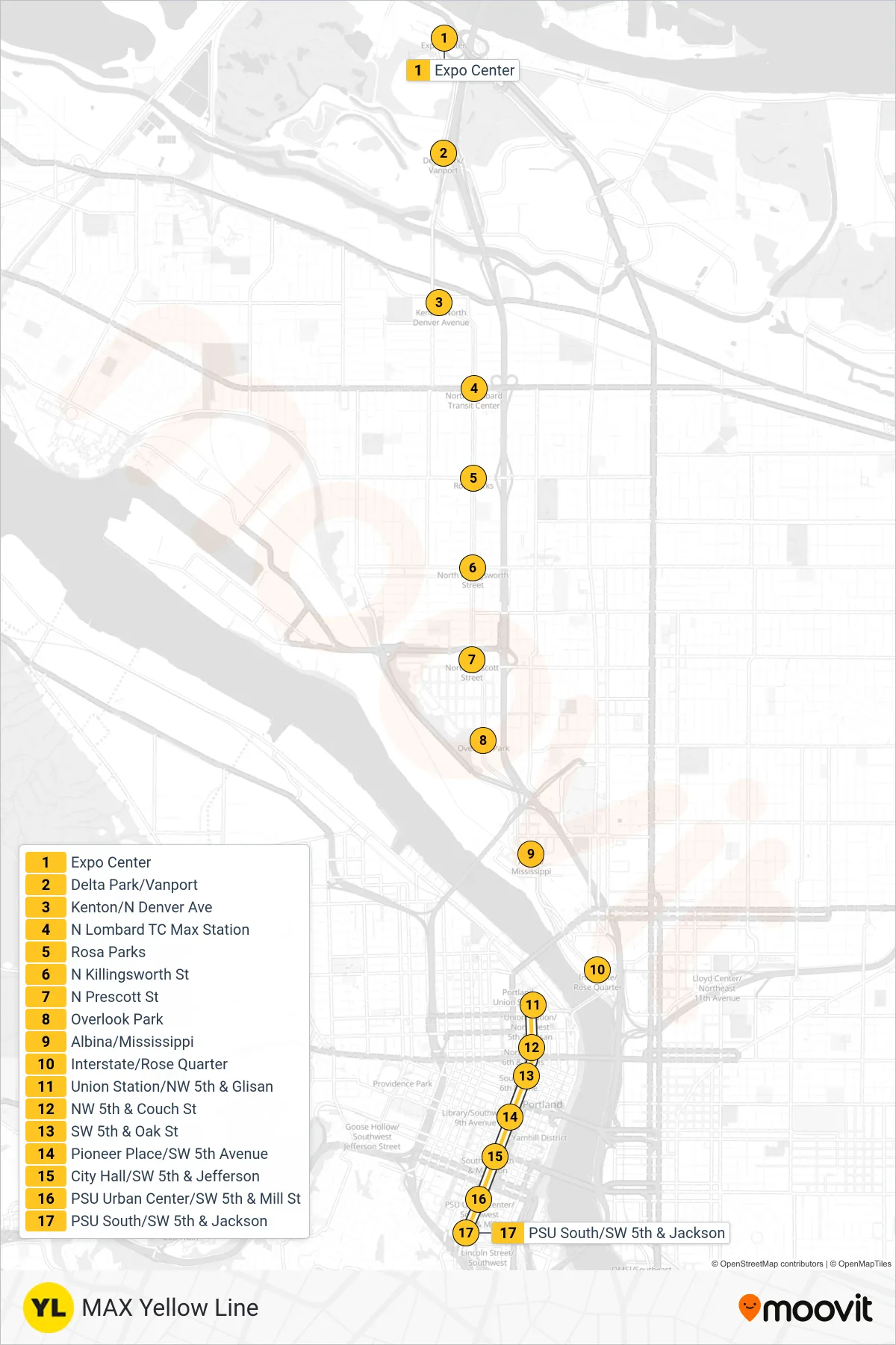 YELLOW tram Line (PSU South/SW 5th & Jackson Max Stn) route and stops on a map
