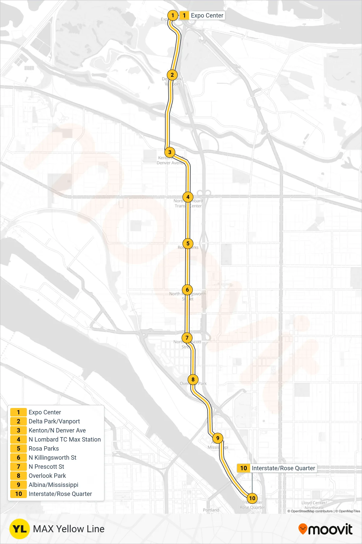 YELLOW tram Line (Interstate/Rose Quarter Max Station) route and stops on a map