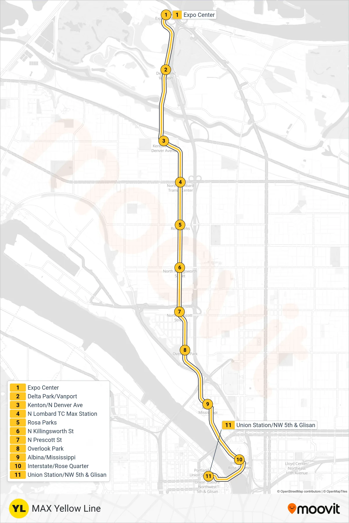 YELLOW tram Line (Union Station/NW 5th & Glisan Max Stn) route and stops on a map