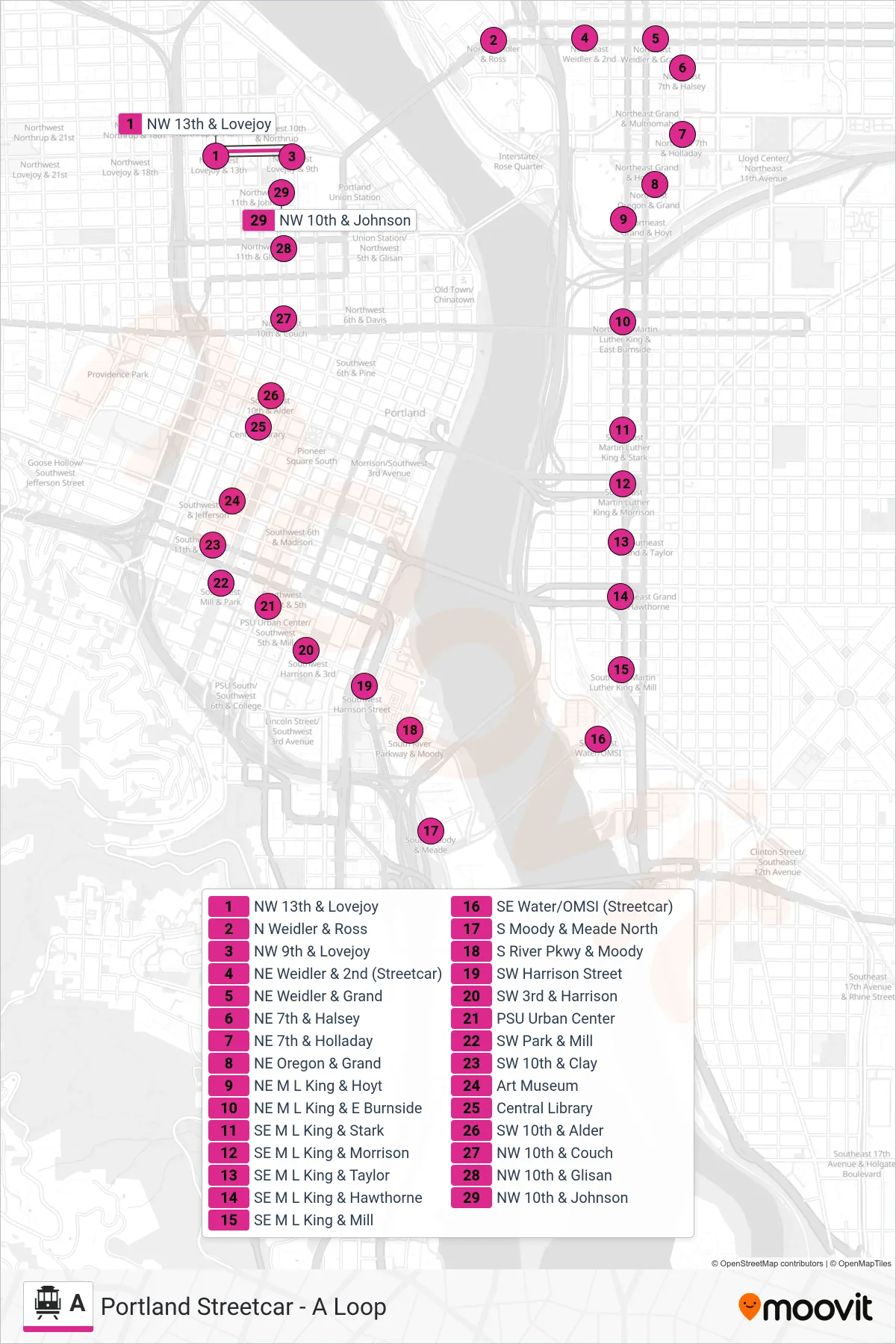 A cable car Line (NW 9th & Lovejoy) route and stops on a map
