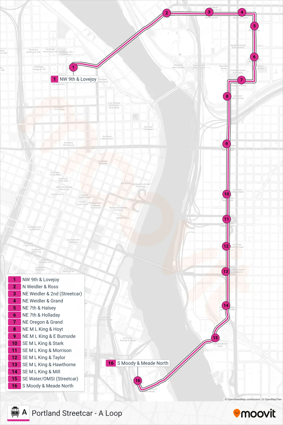 A Streetcar Line (S Moody & Meade North) route and stops on a map