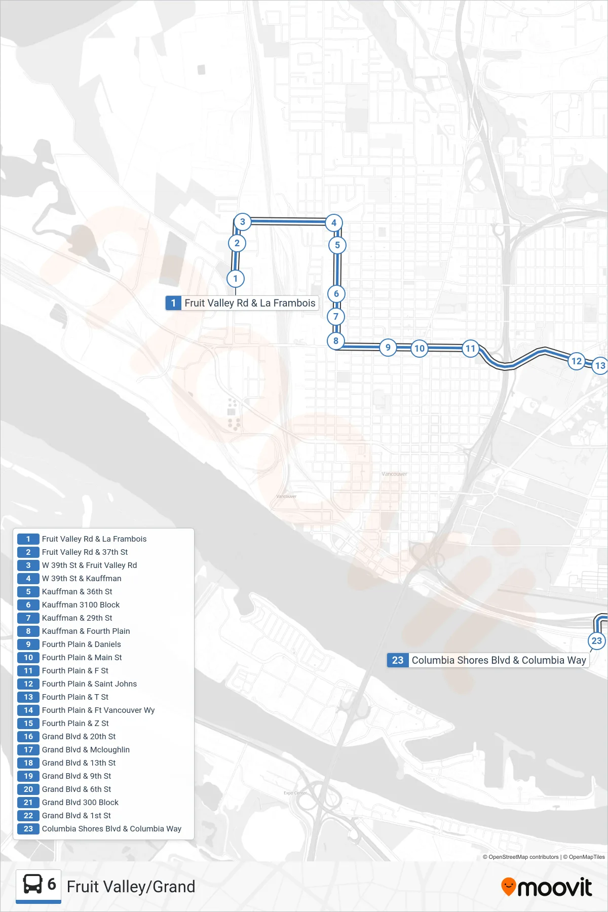 6 bus Line (Fruit Valley Rd & La Frambois‎→Columbia Shores Blvd & Columbia Way) route and stops on a map