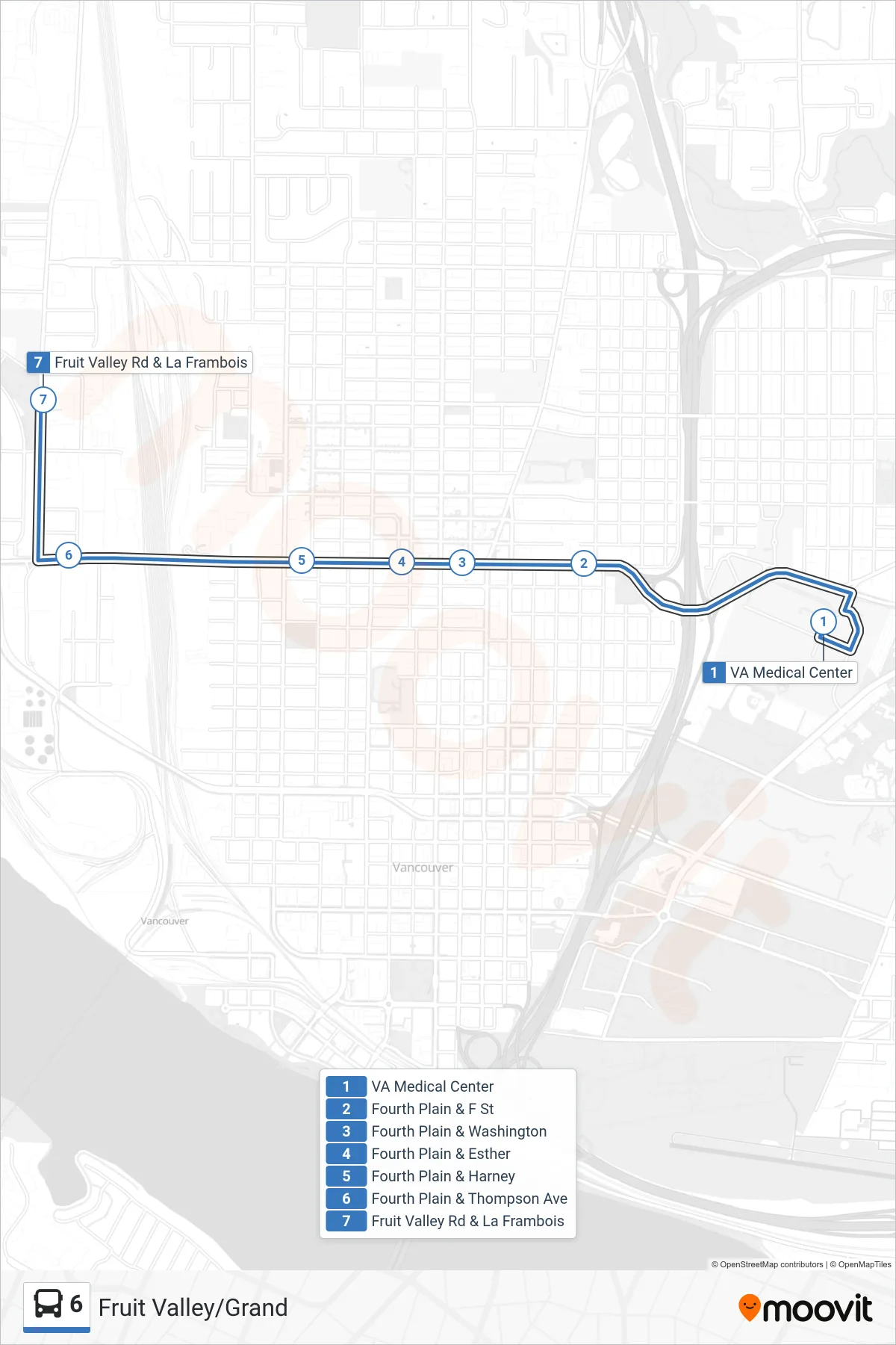 6 bus Line (VA Medical Center‎→Fruit Valley Rd & La Frambois) route and stops on a map