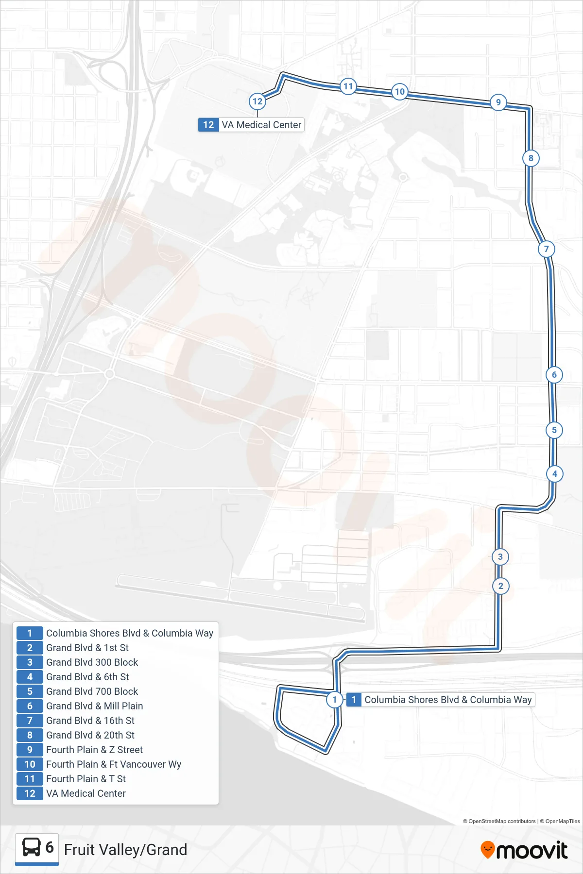 6 bus Line (Columbia Shores Blvd & Columbia Way‎→VA Medical Center) route and stops on a map