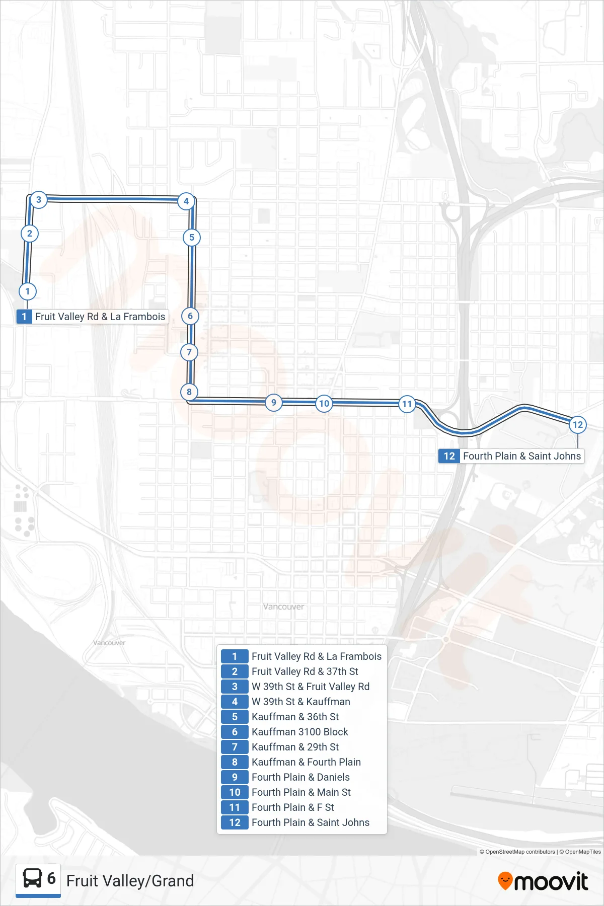 6 bus Line (Fruit Valley Rd & La Frambois→Fourth Plain & Saint Johns) route and stops on a map
