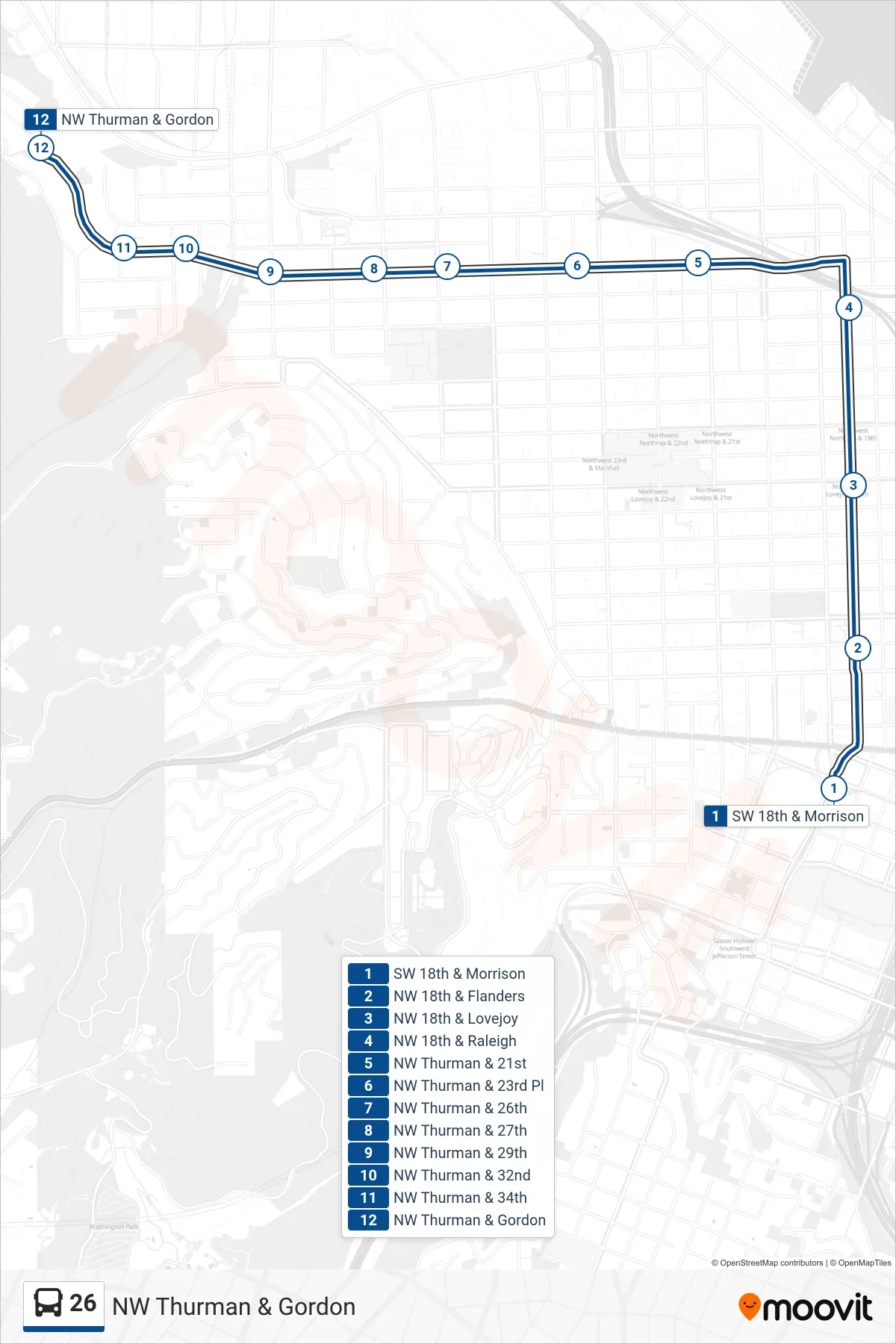 26 bus Line (NW Thurman & Gordon) route and stops on a map