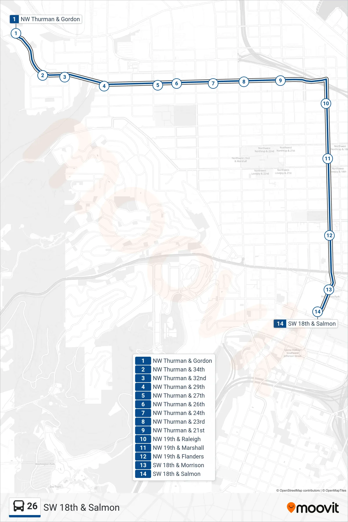 26 bus Line (SW 18th & Salmon) route and stops on a map