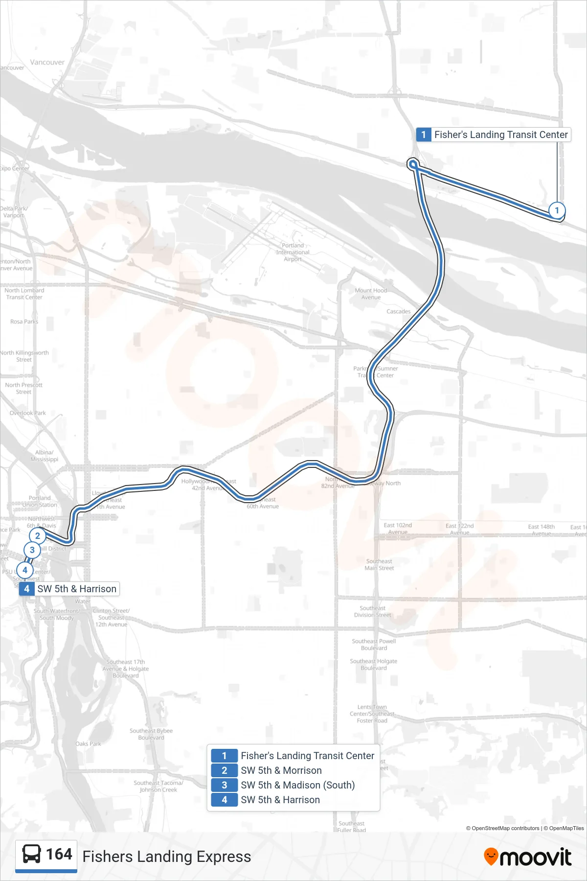 164 bus Line (Fisher's Landing Transit Center: Bay I→SW 5th & Harrison) route and stops on a map