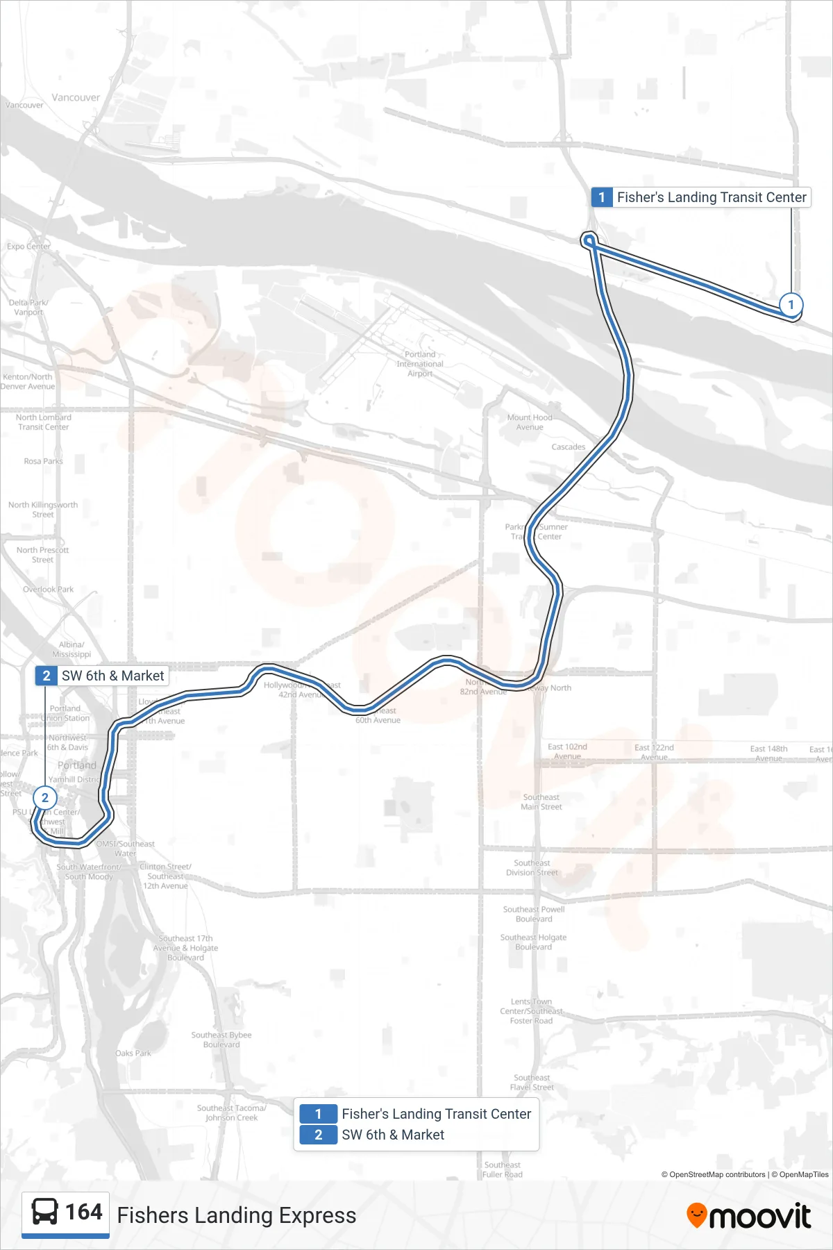 164 bus Line (Fisher's Landing Transit Center: Bay I‎→SW 6th & Market) route and stops on a map