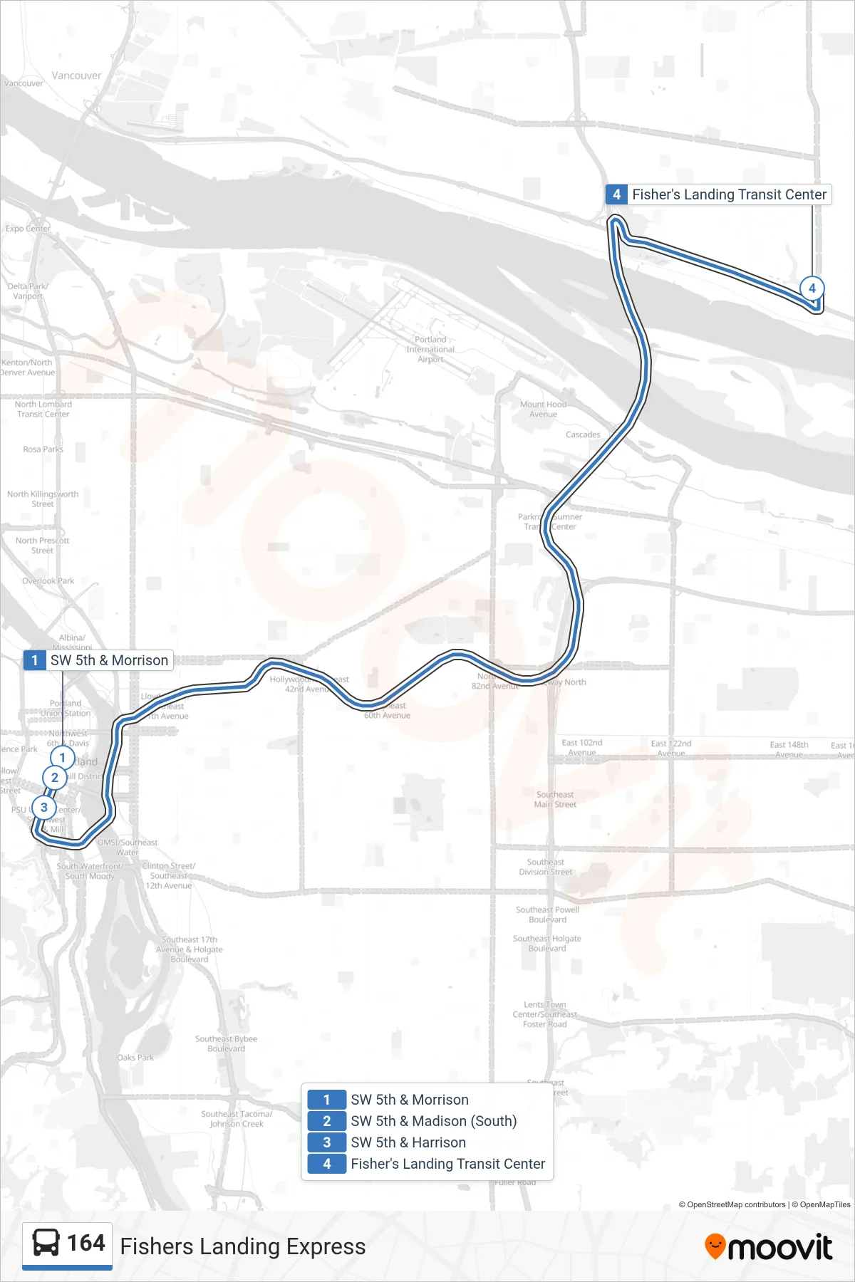 164 bus Line (SW 5th & Morrison→Fisher's Landing Transit Center: Bay I) route and stops on a map