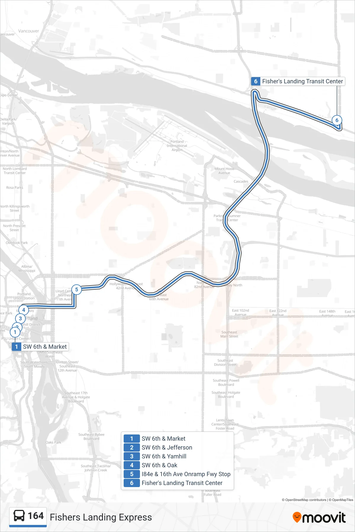 164 bus Line (SW 6th & Market→Fisher's Landing Transit Center: Bay I) route and stops on a map