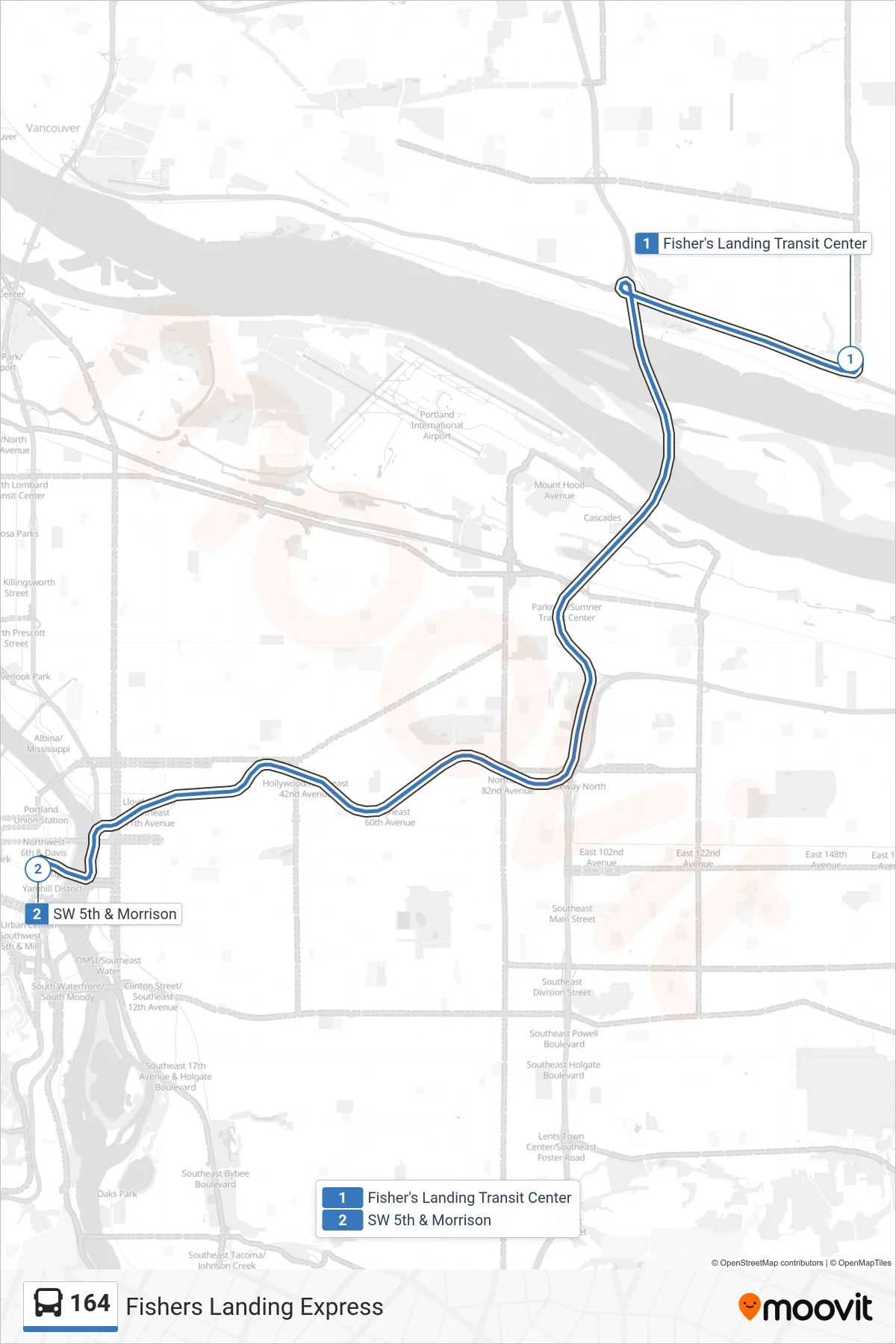 164 bus Line (Fisher's Landing Transit Center: Bay I‎→SW 5th & Morrison) route and stops on a map