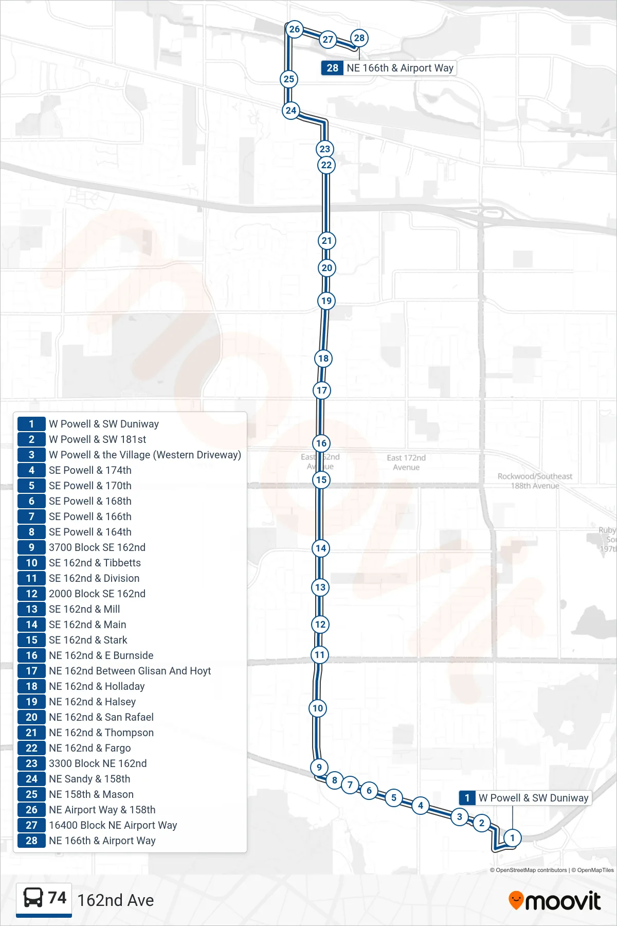 74 bus Line (NE 166th & Airport Way) route and stops on a map