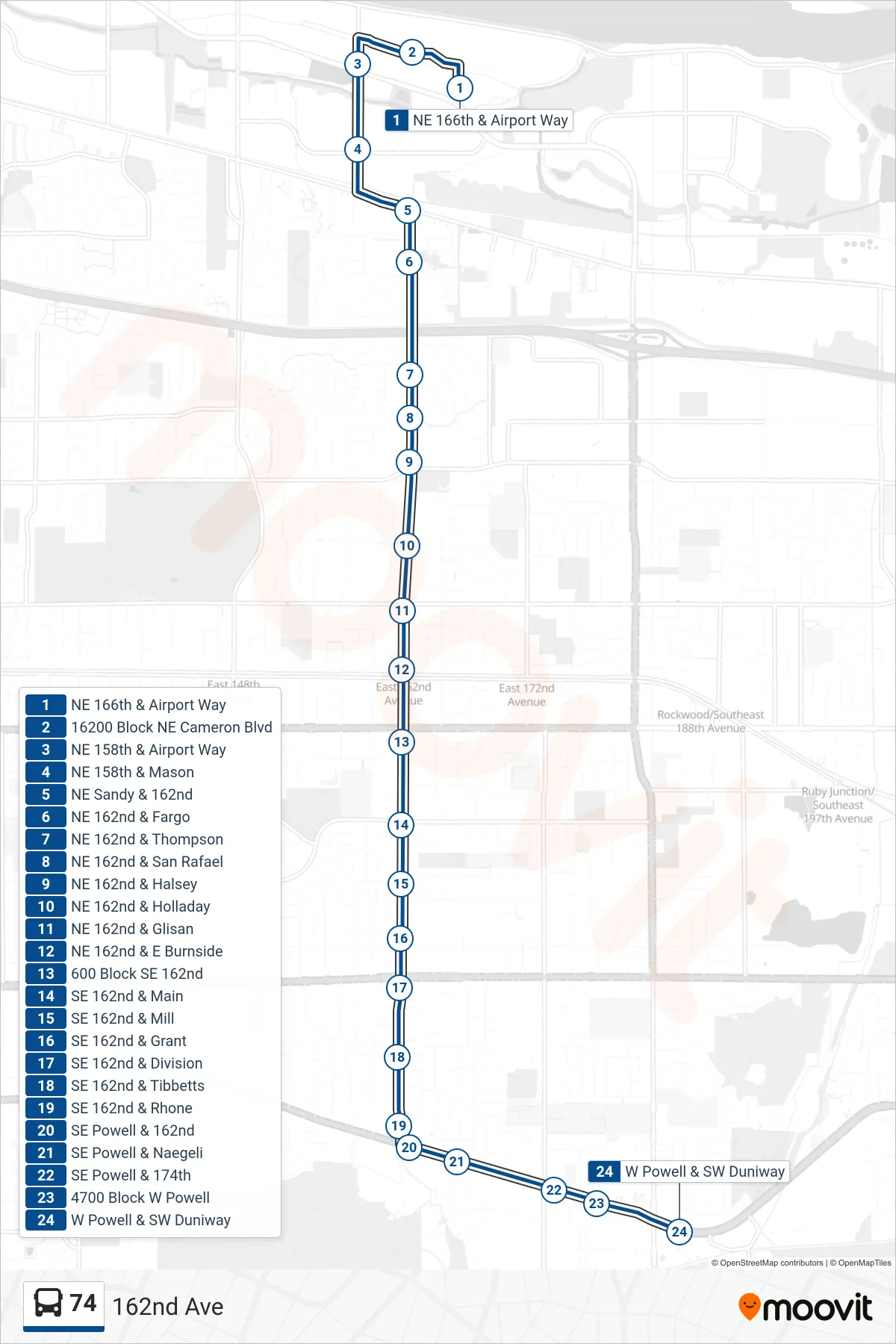 74 bus Line (W Powell & SW Duniway) route and stops on a map