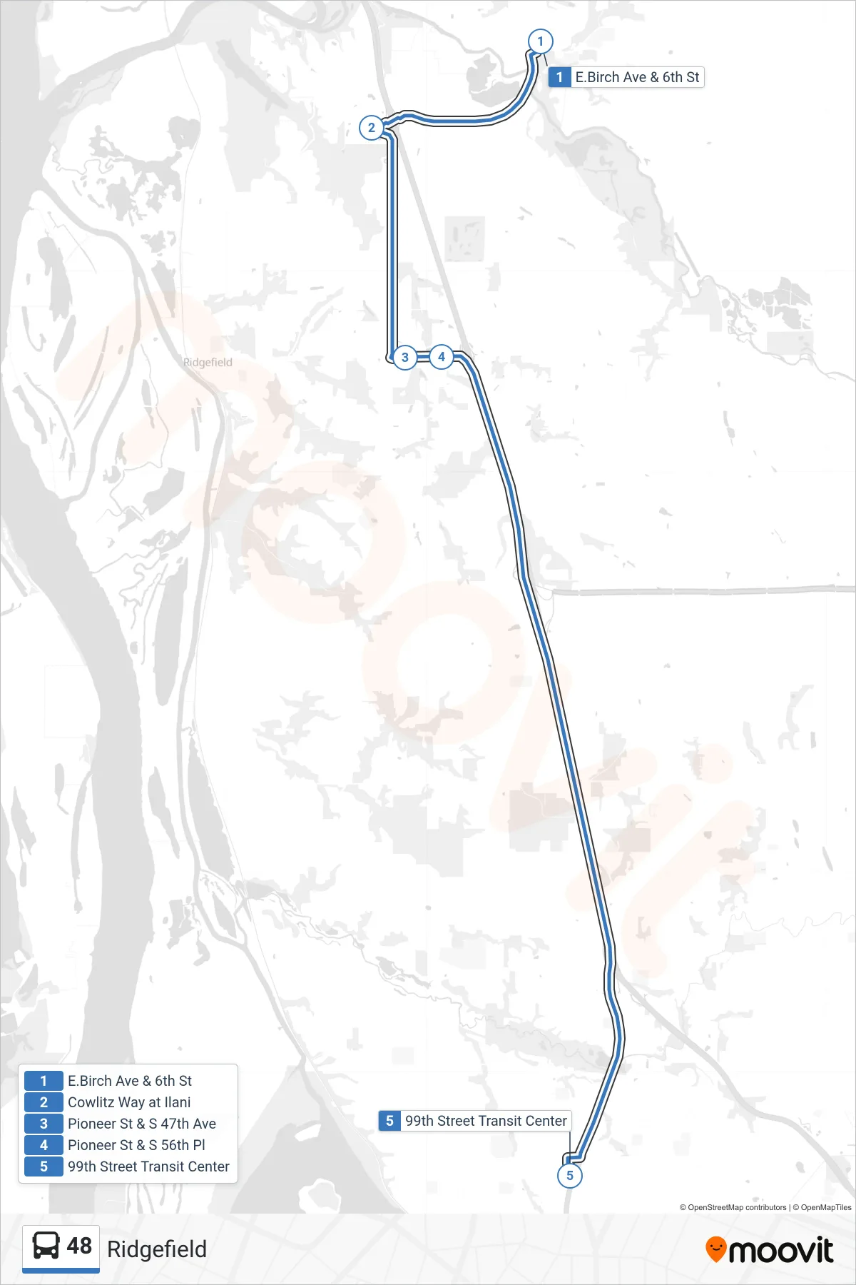 48 bus Line (E.Birch Ave & 6th St→99th Street Transit Center: Bay J) route and stops on a map