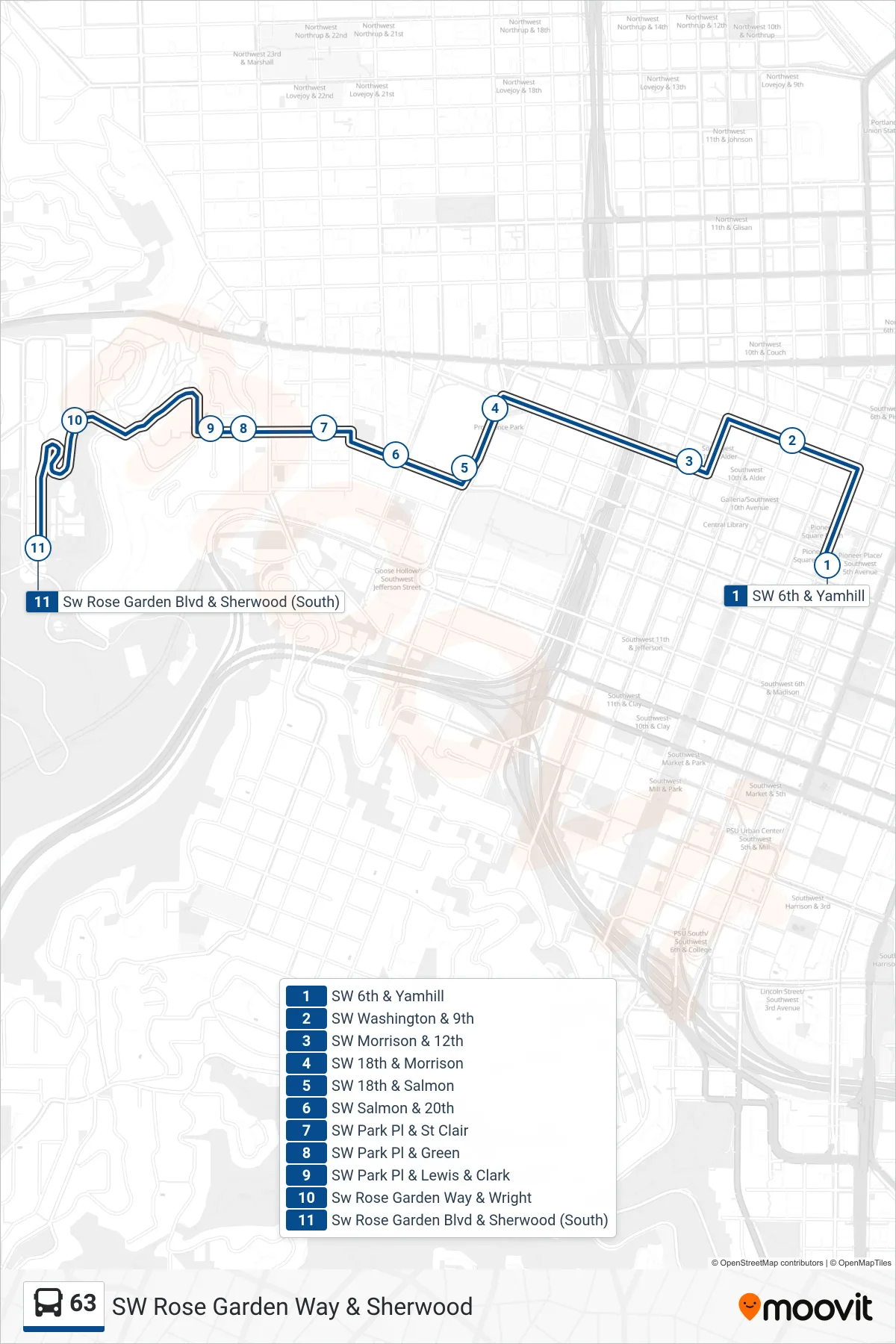 63 bus Line (SW Rose Garden Way & Sherwood) route and stops on a map