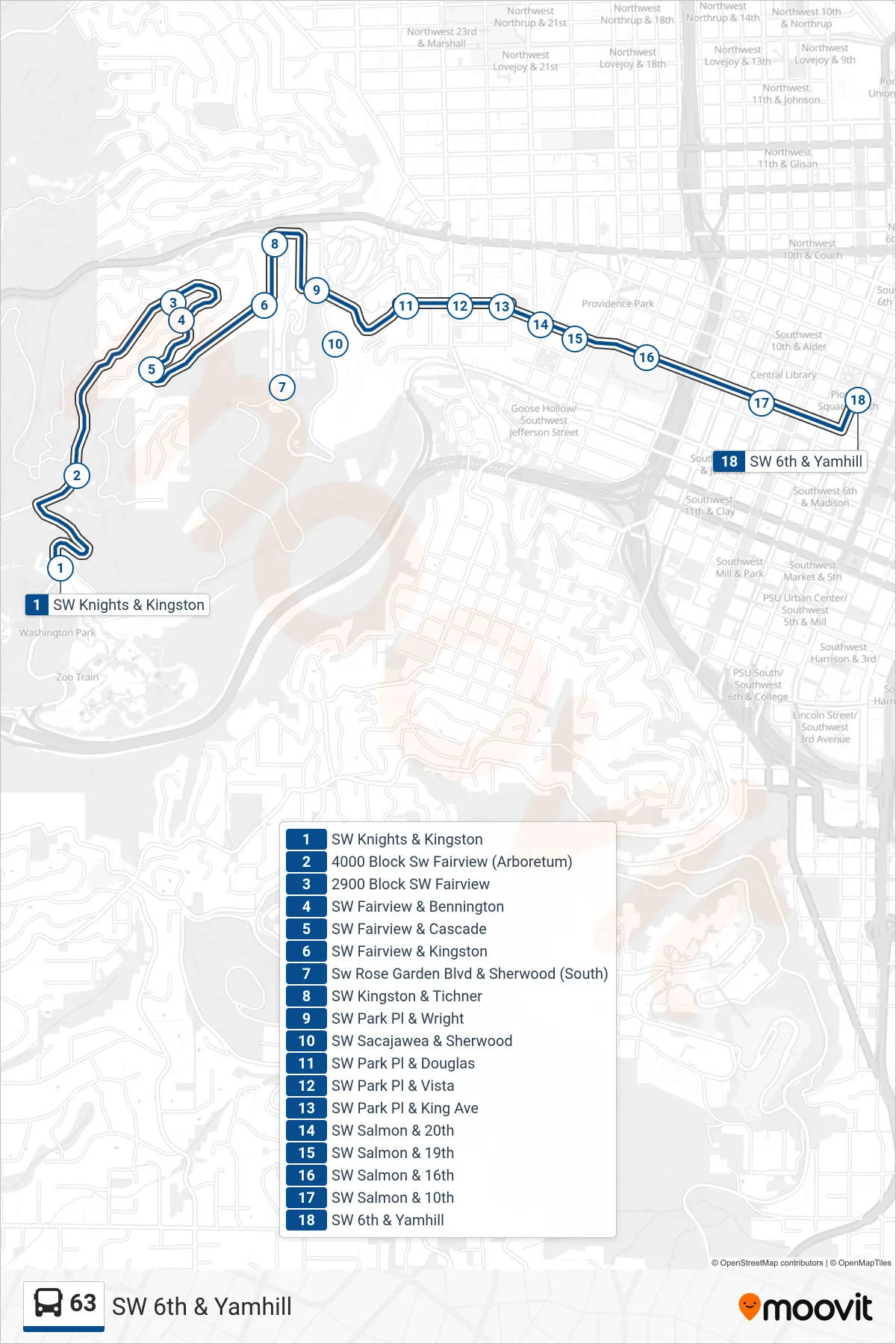 63 bus Line (SW 6th & Yamhill) route and stops on a map